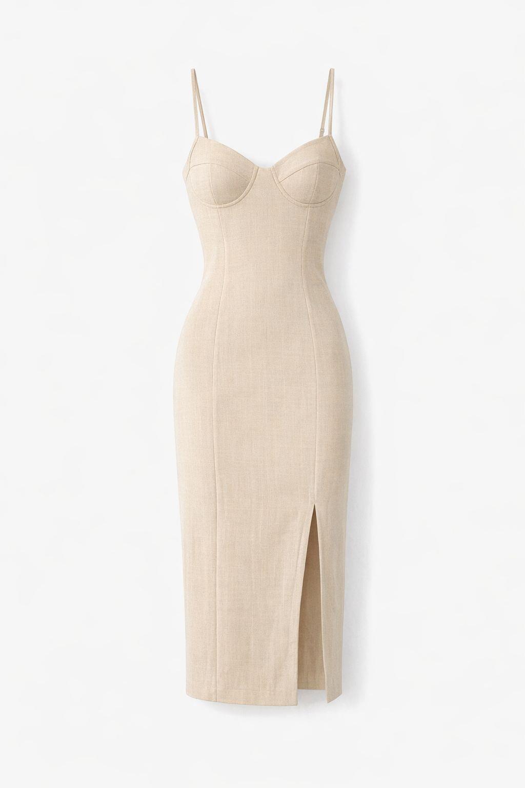 Keten Astarlı Droplu Krem Elbise