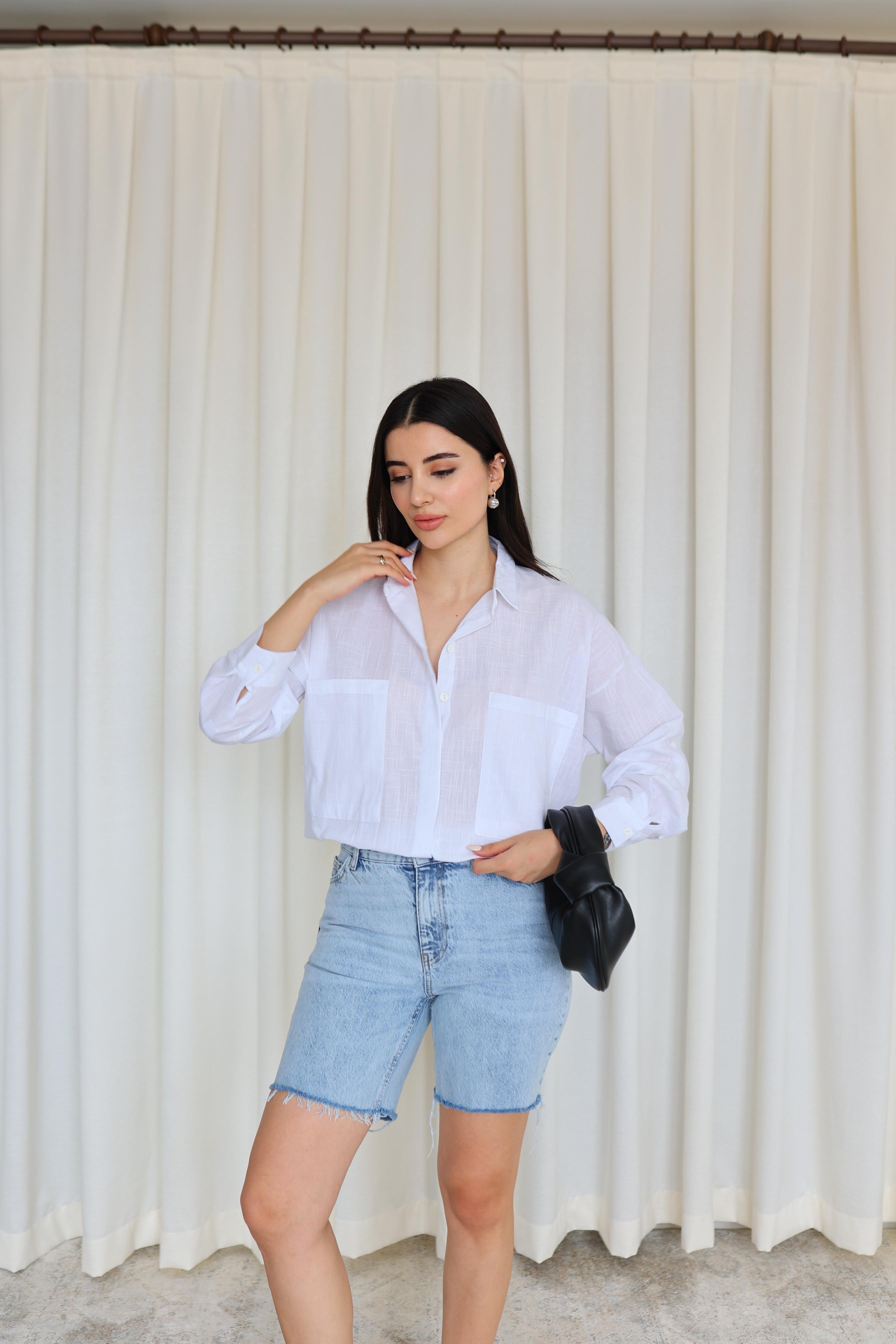 Keten Karışımlı Beyaz Oversize Gömlek