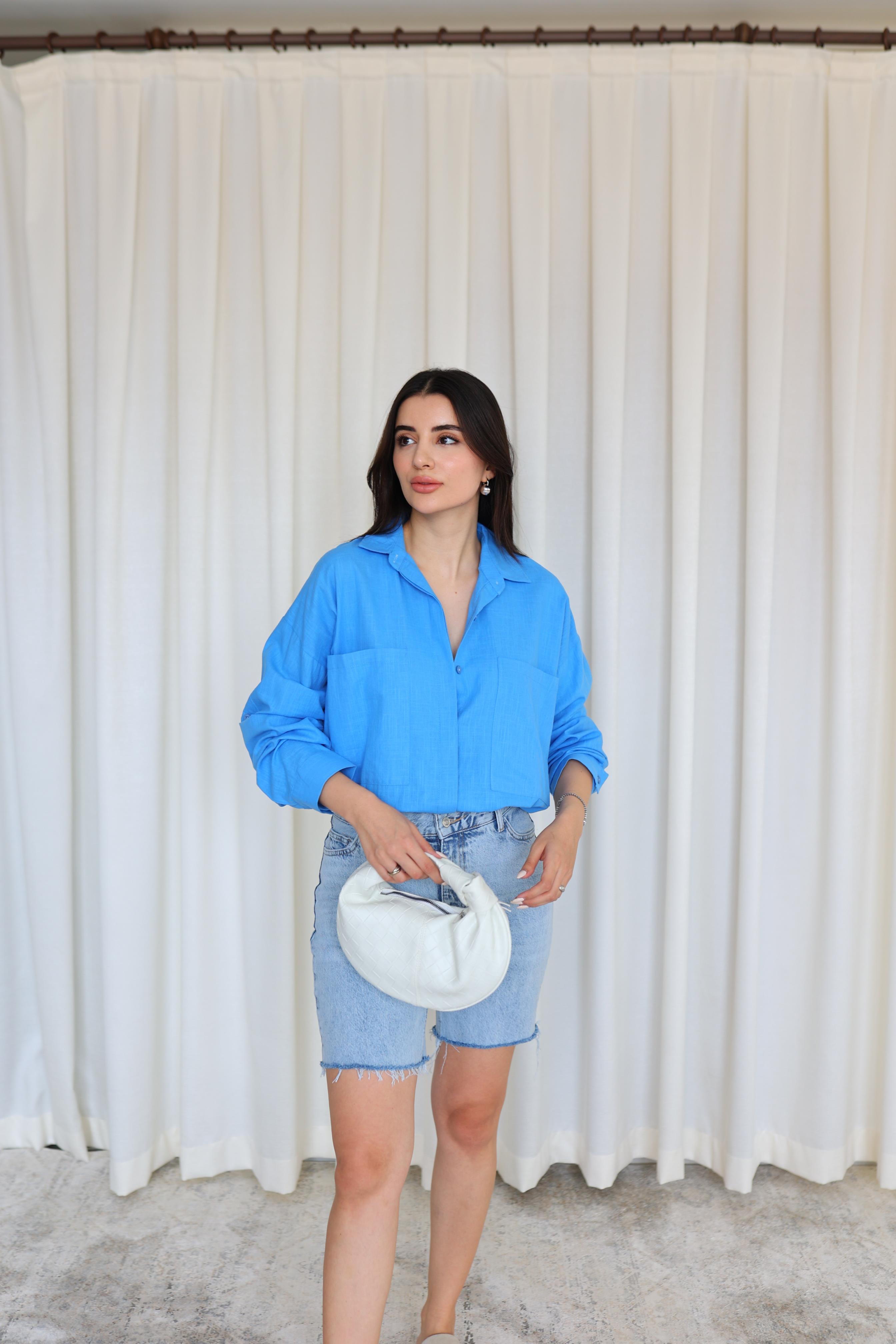 Keten Karışımlı Mavi Oversize Gömlek