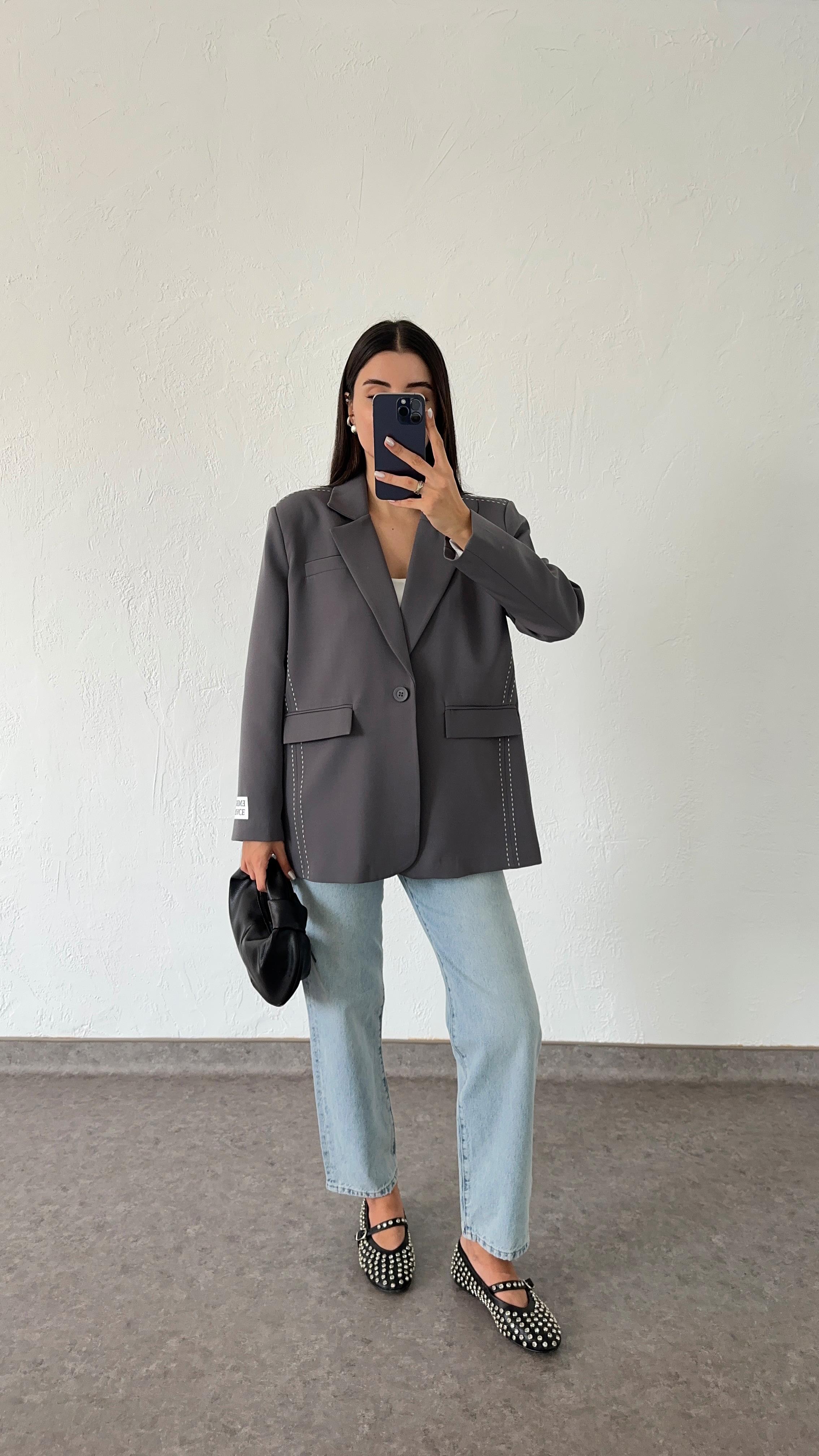 Kontrast Dikişli Antrasit Blazer Ceket
