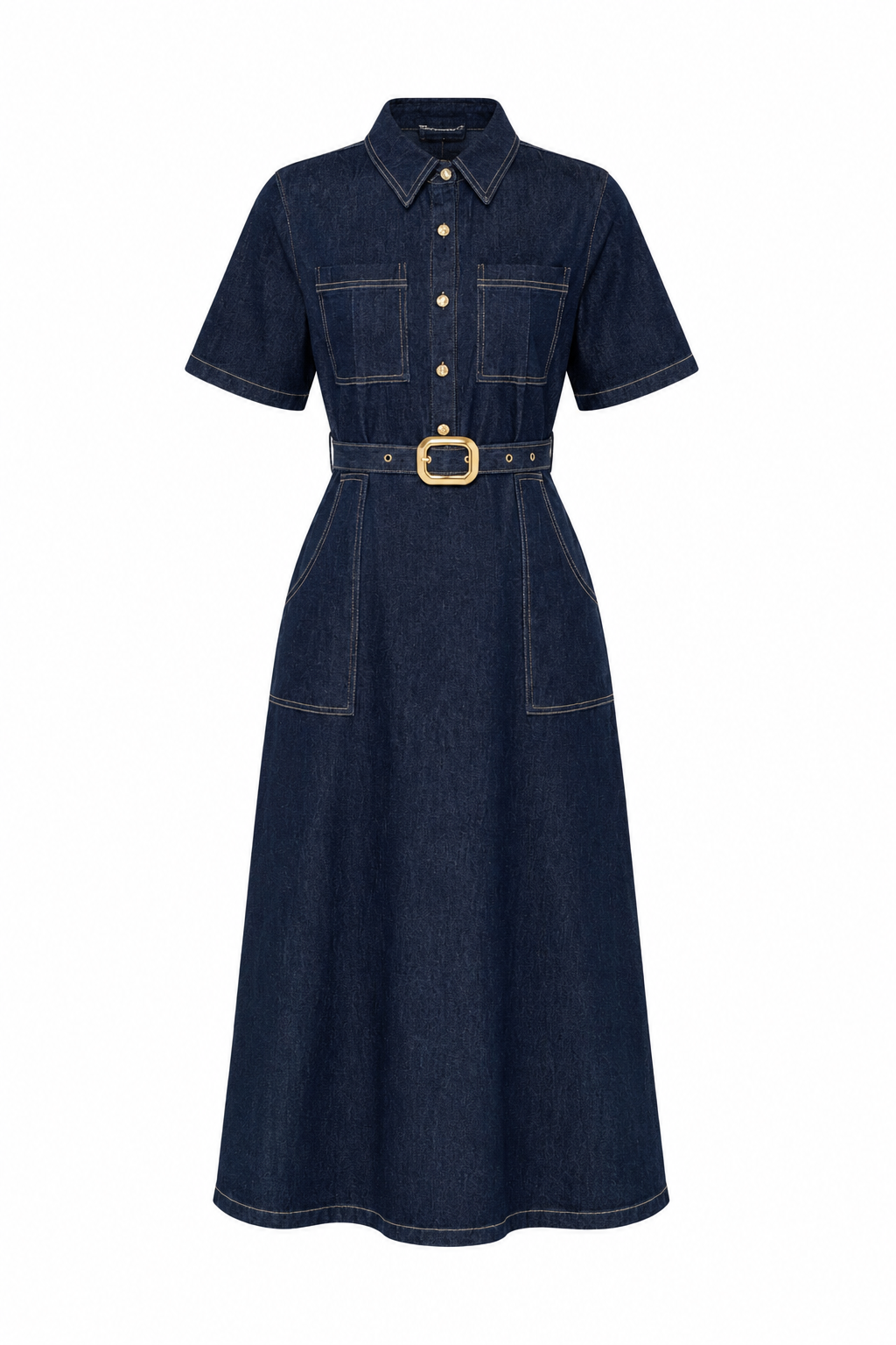 Kontrast Dikişli Kemerli Denim Elbise