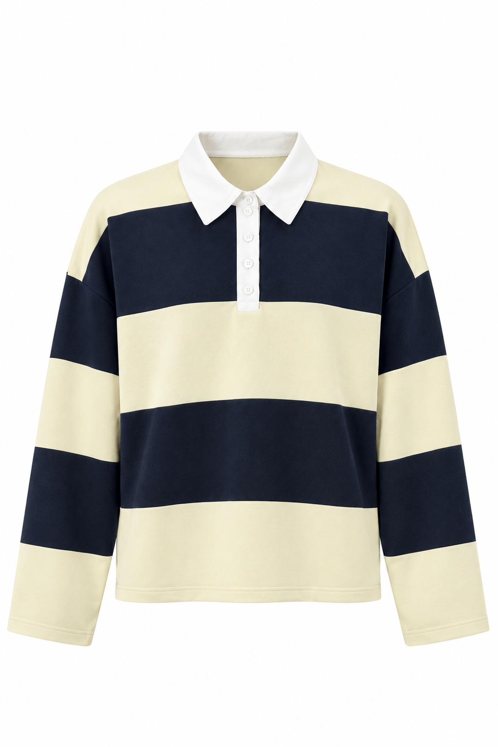 Kontrast Polo Yaka Krem-Lacivert Çizgili Sweat