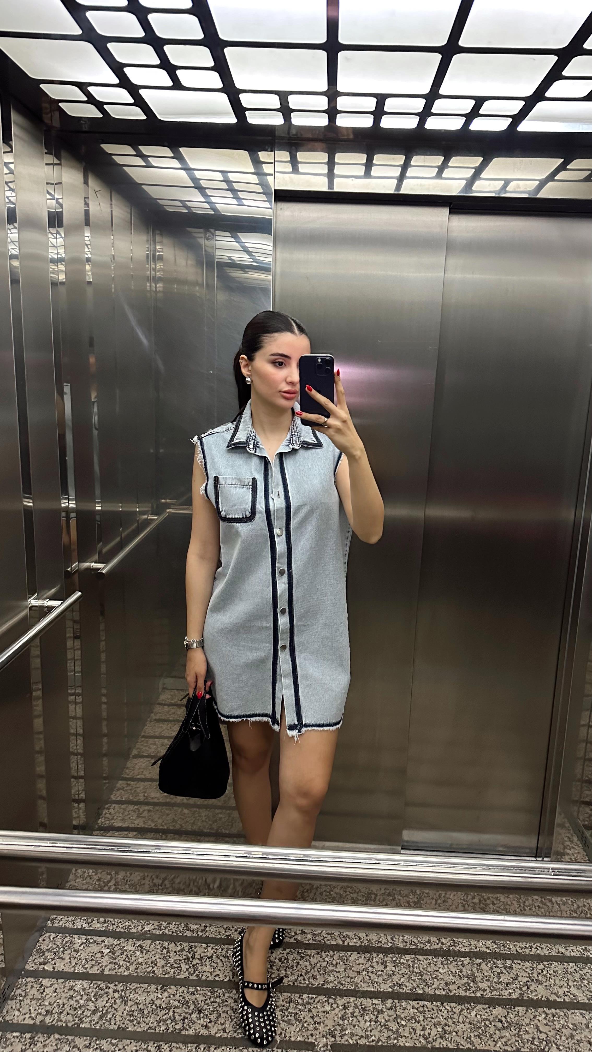 Kontrastlı Denim Elbise