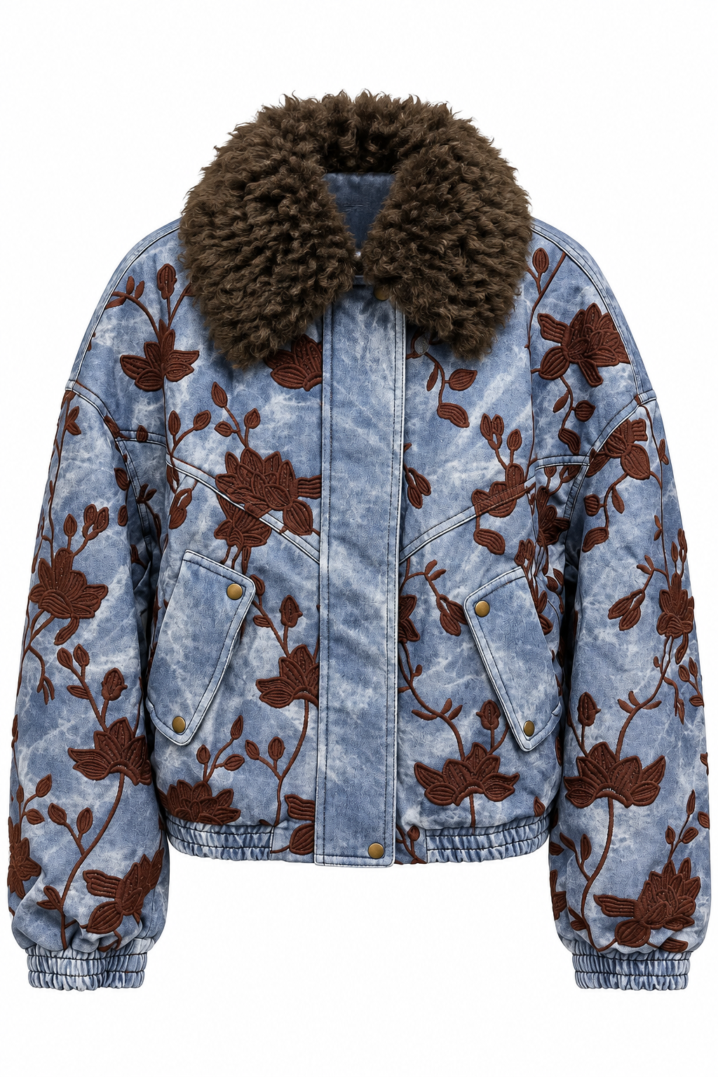 Kürk Yaka Çiçek Nakışlı Denim Bomber Ceket