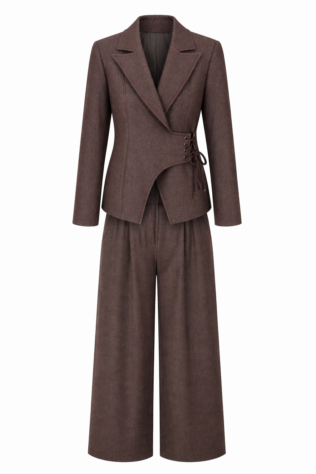 Kuş Gözü Detaylı Blazer-Palazzo Kahve Takım