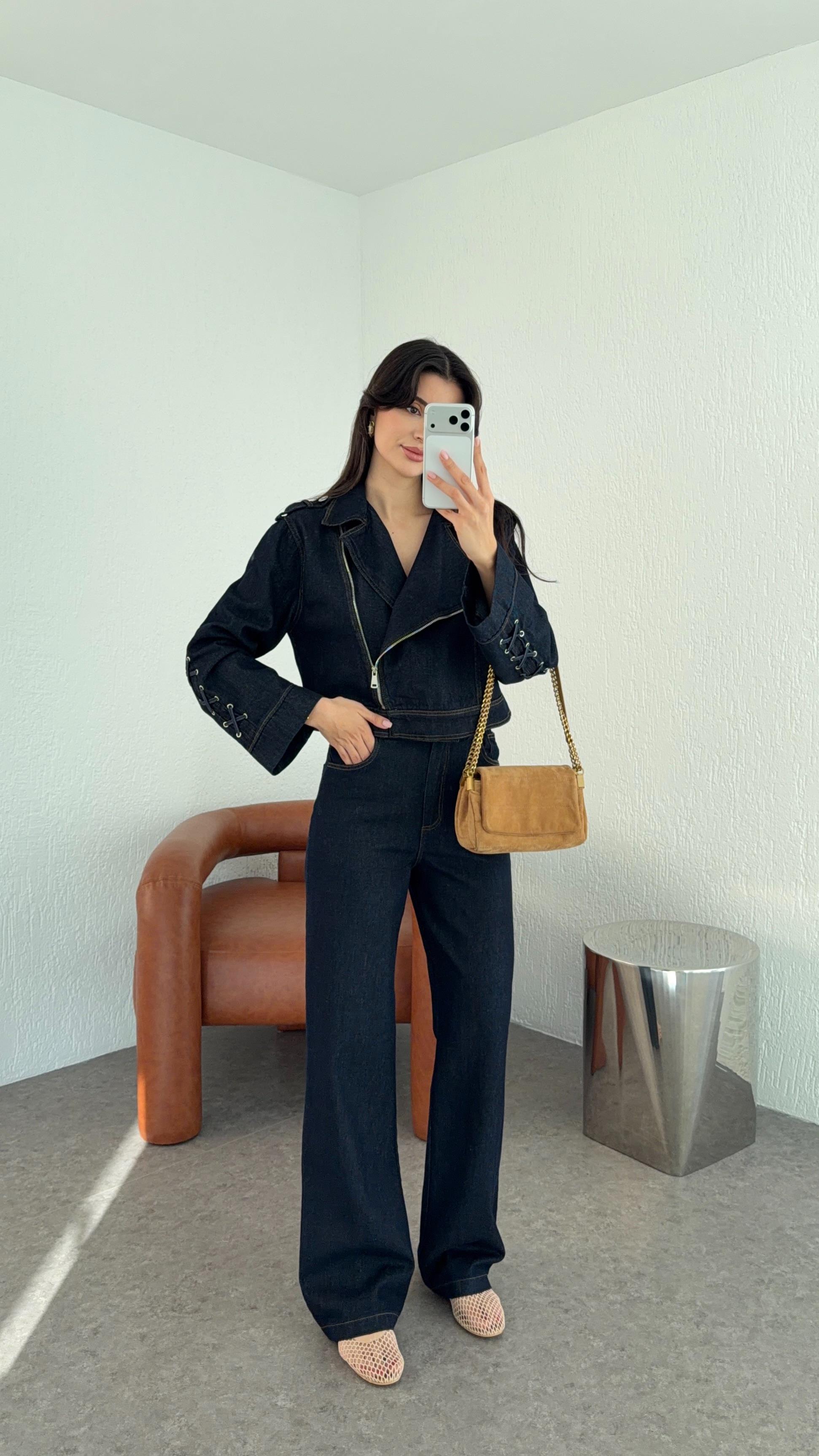 Kuş Gözü Detaylı Denim Takım