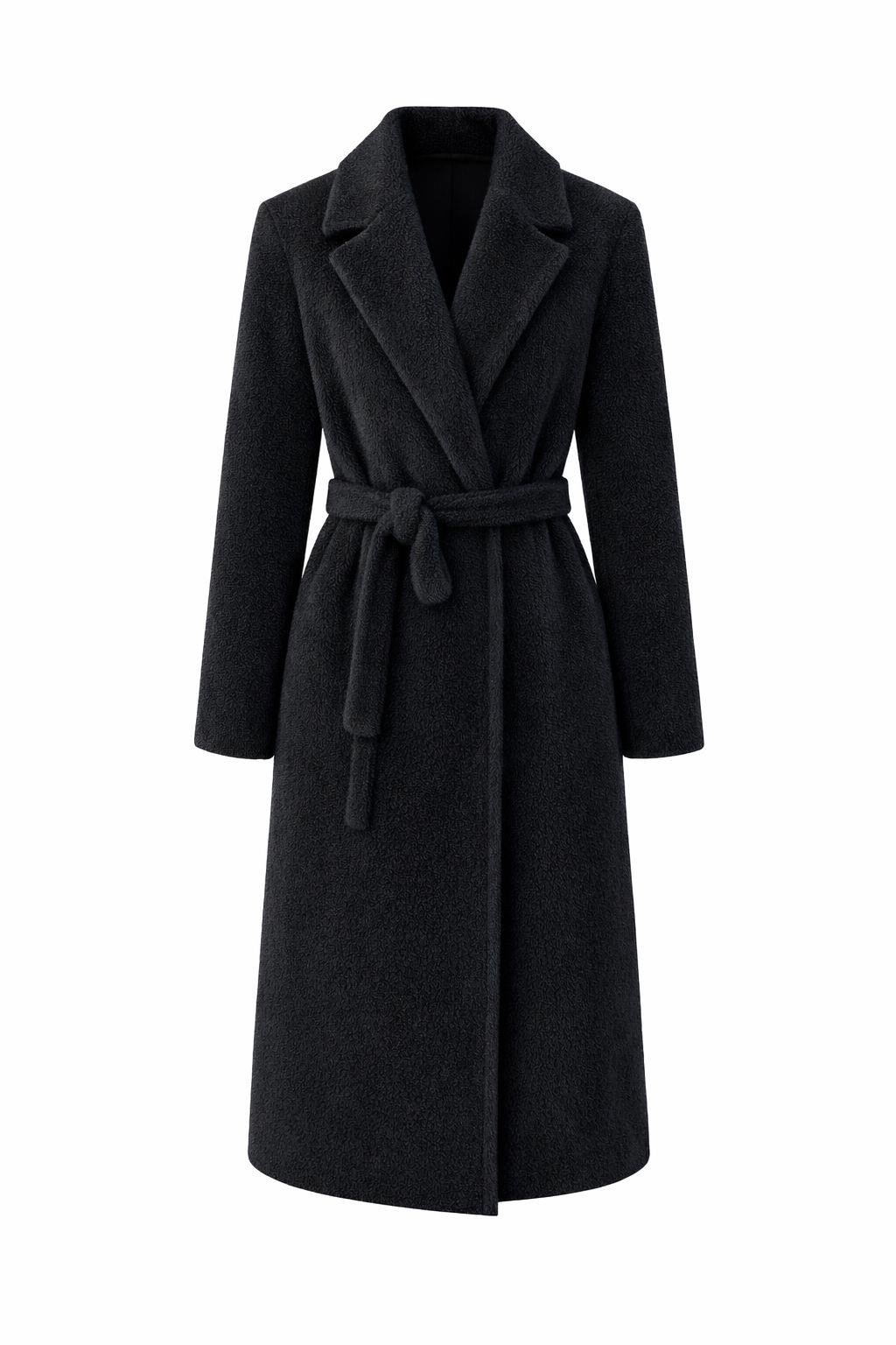 Kuşaklı Premium Siyah Uzun Kürk