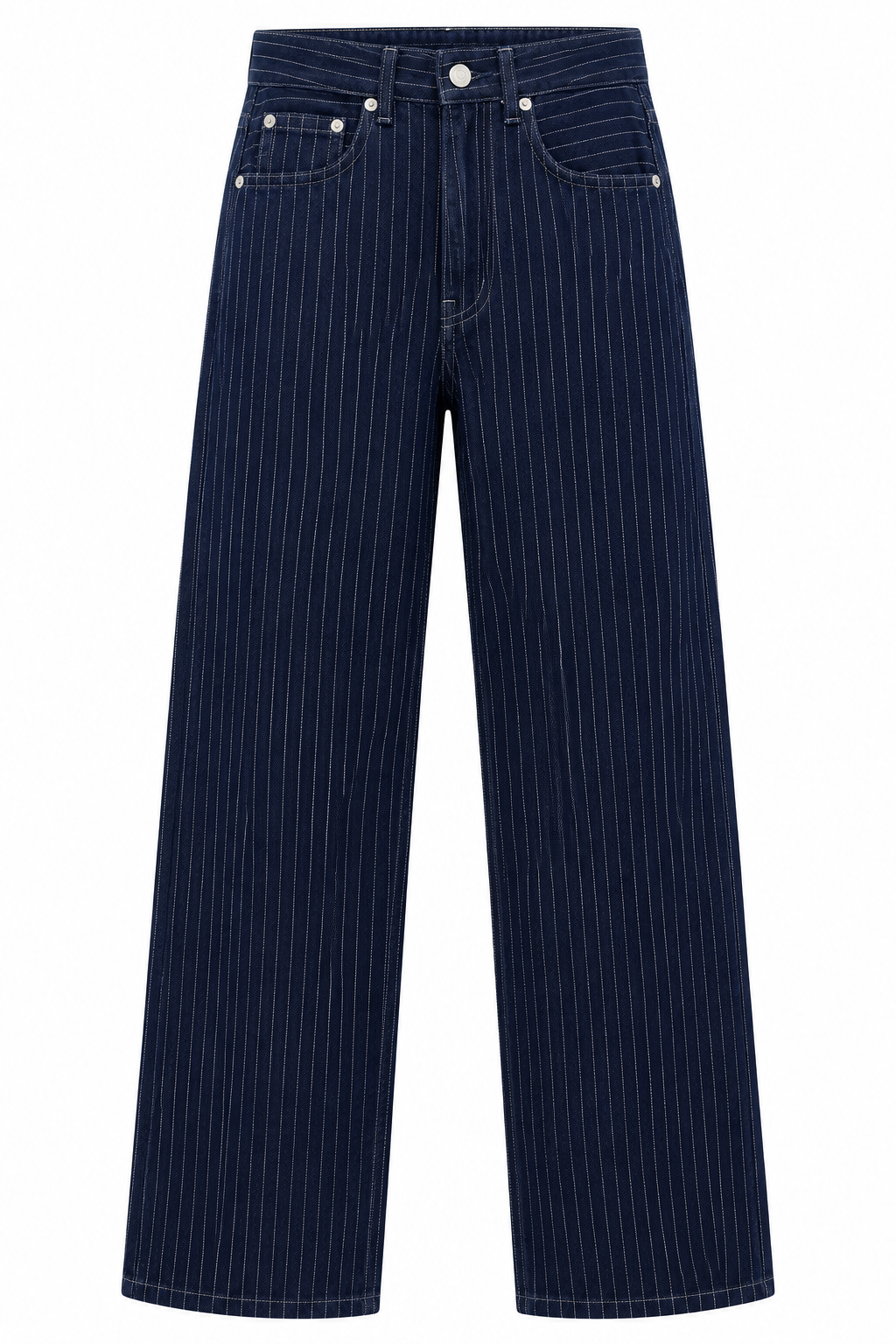 Lacivert Çizgili Yüksek Bel Wide Leg Jean