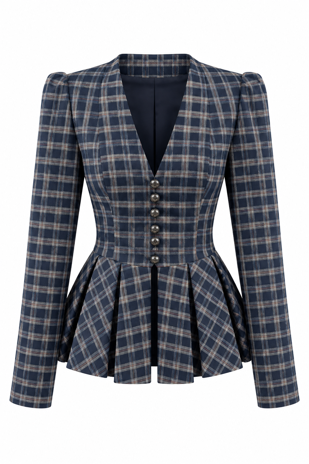 Lacivert Ekose Pileli Peplum Ceket