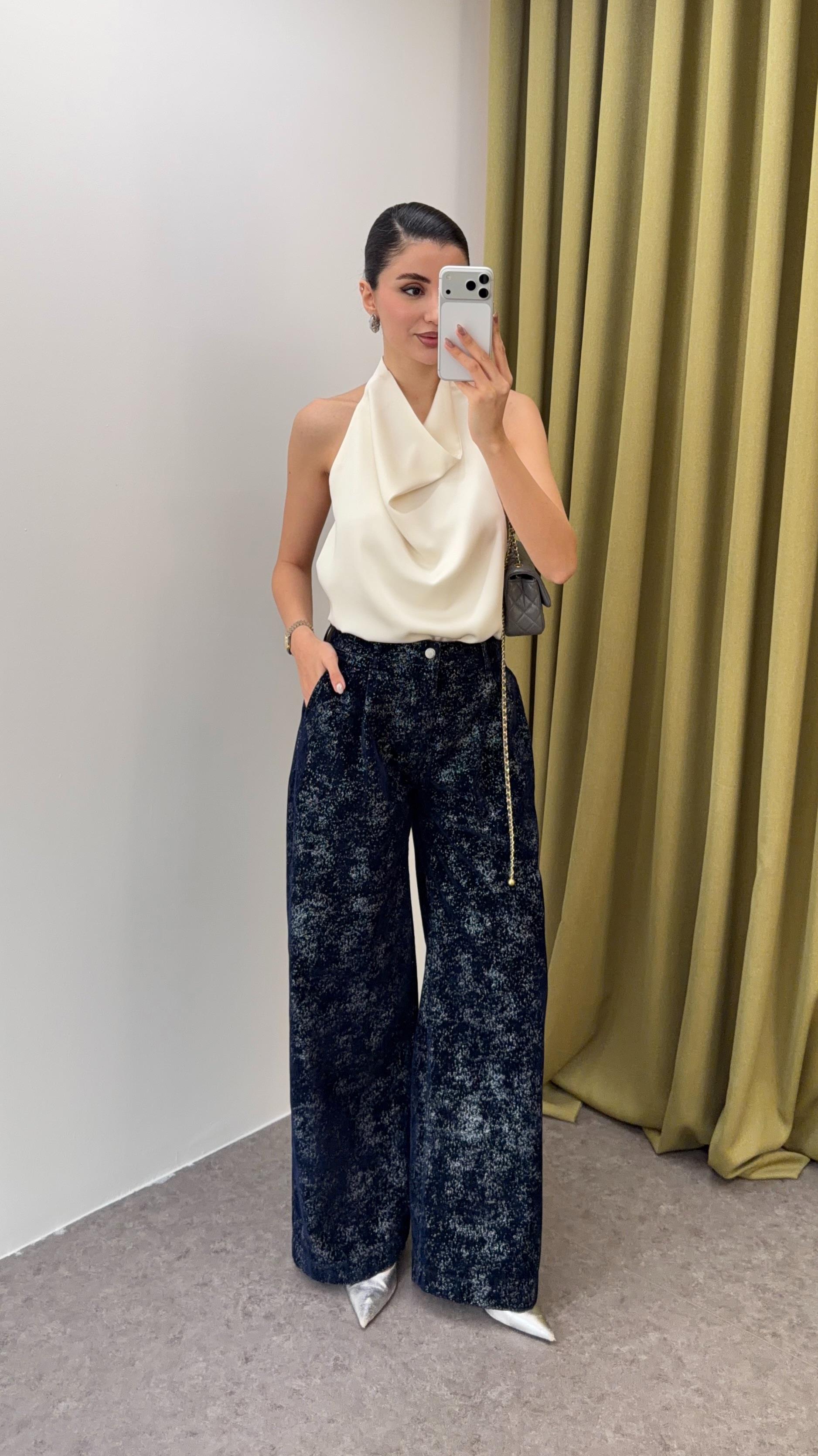 Lacivert-Gümüş Kadife Pantolon