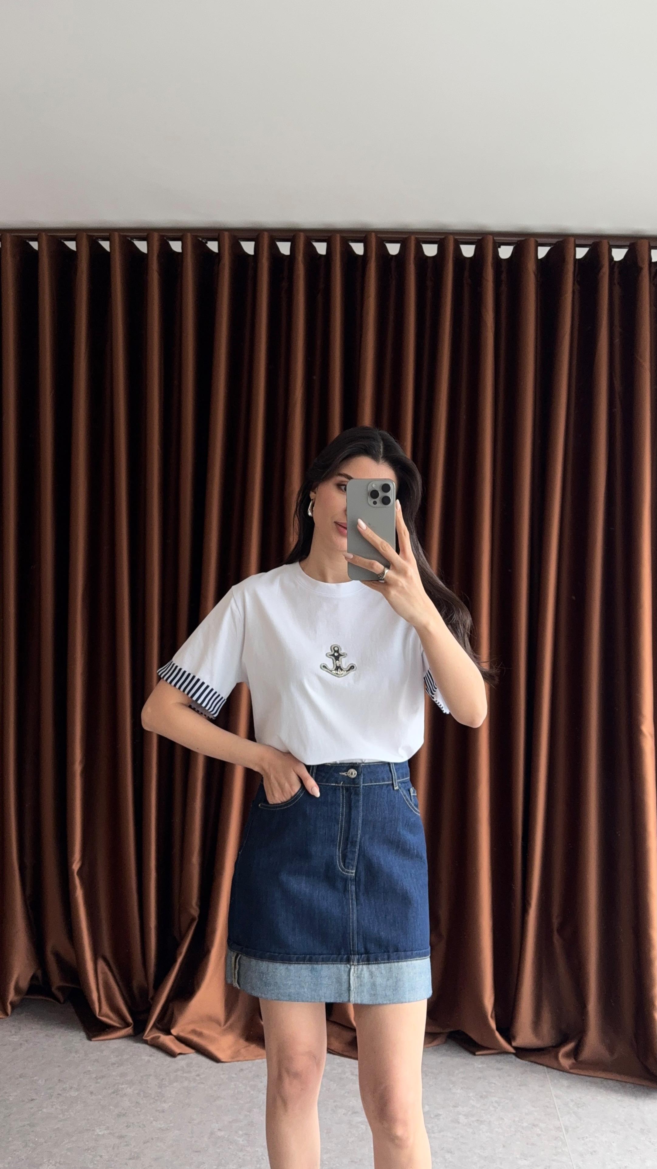 Lacivert Kol Çizgili Taşlı Tshirt