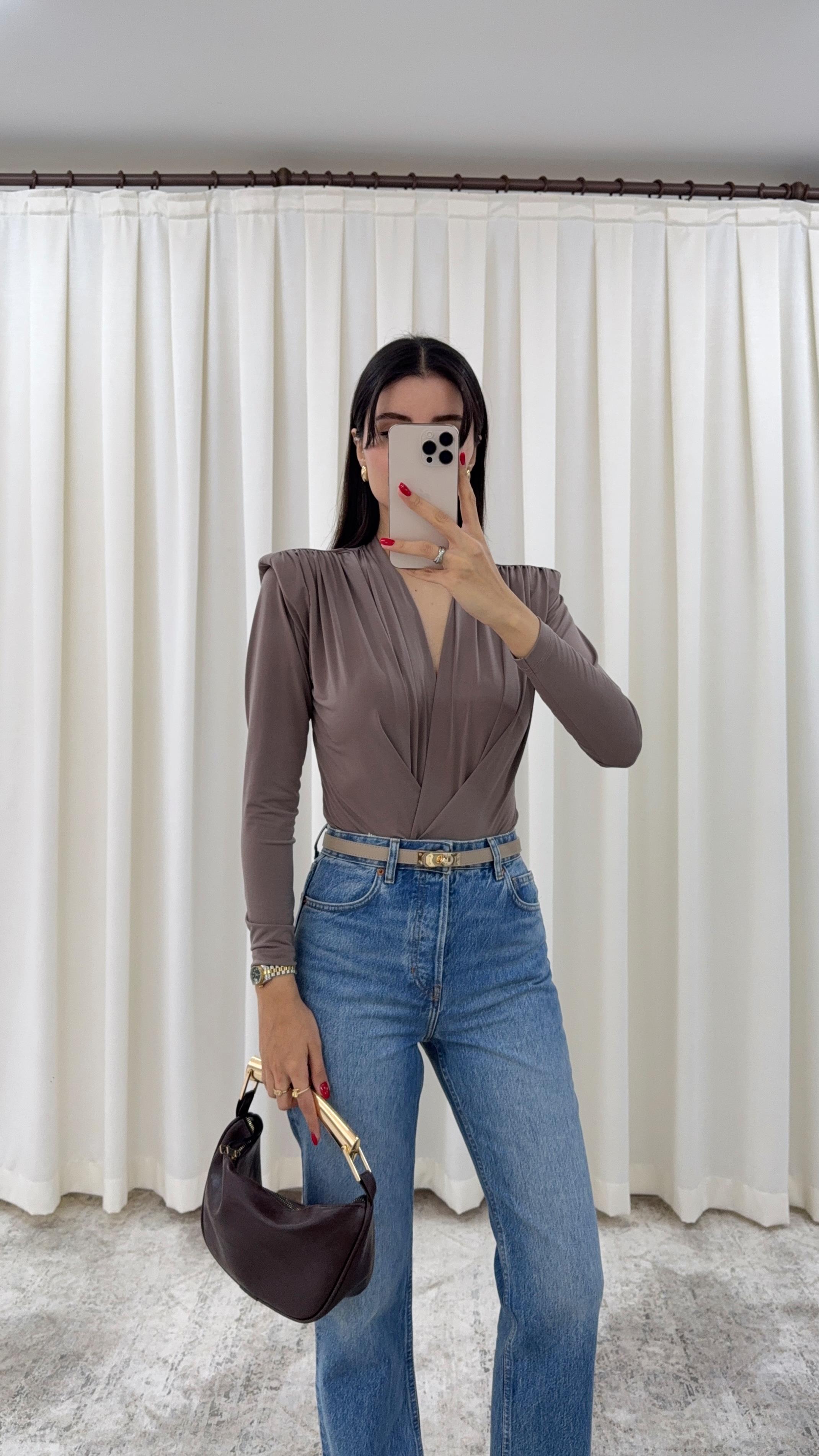 Lazer Kesim Soluk Kahve Bodysuit