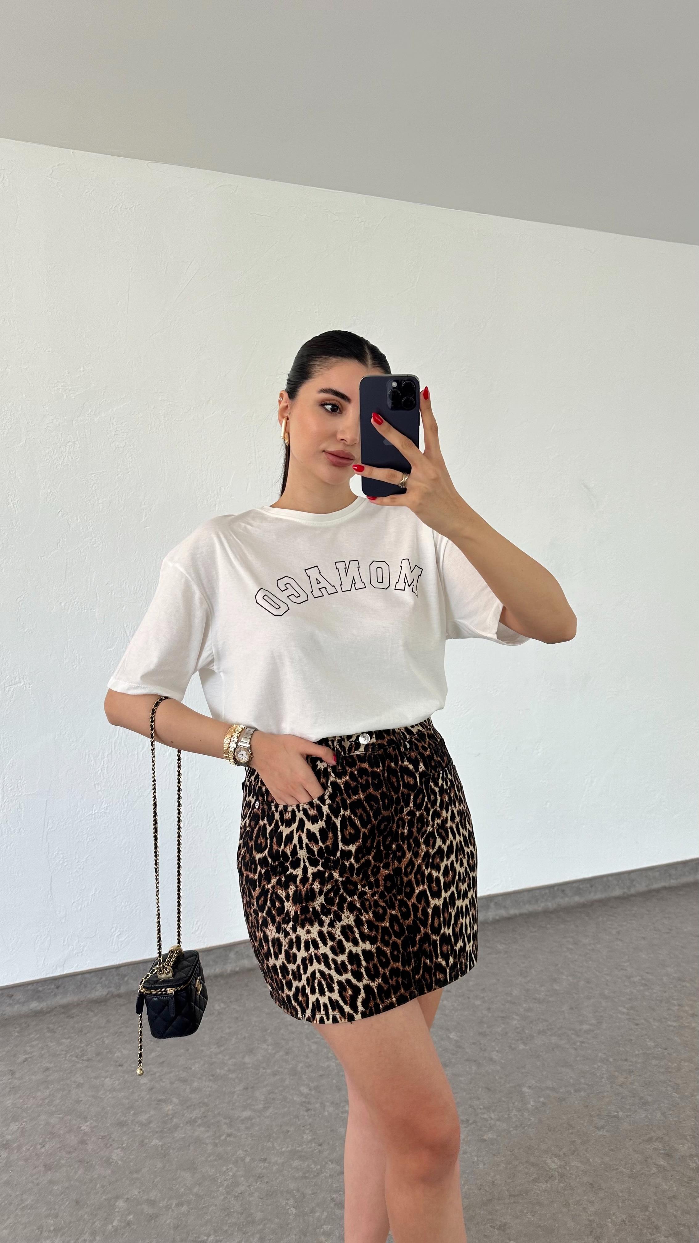 Leopar Desen Denim Etek