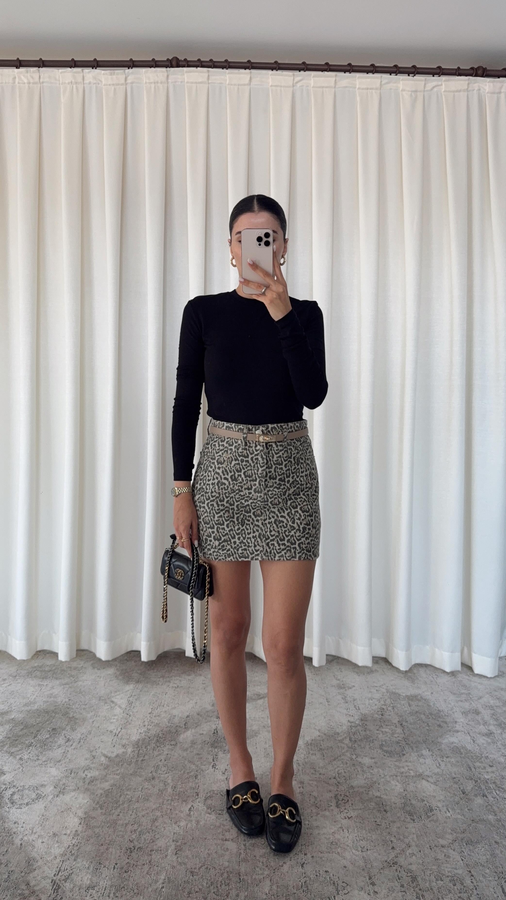 Leoparlı Denim Etek