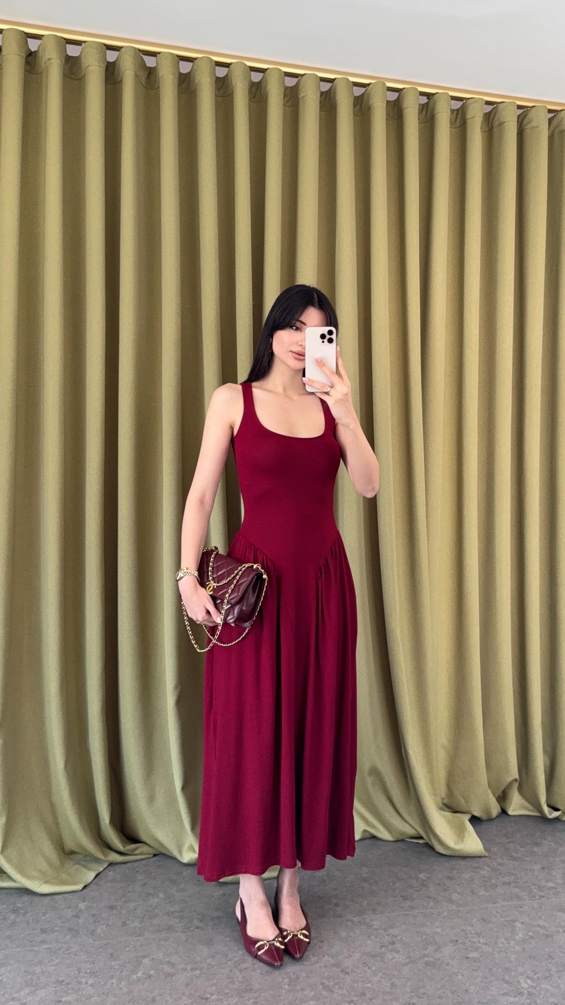 Likralı Bordo Elbise