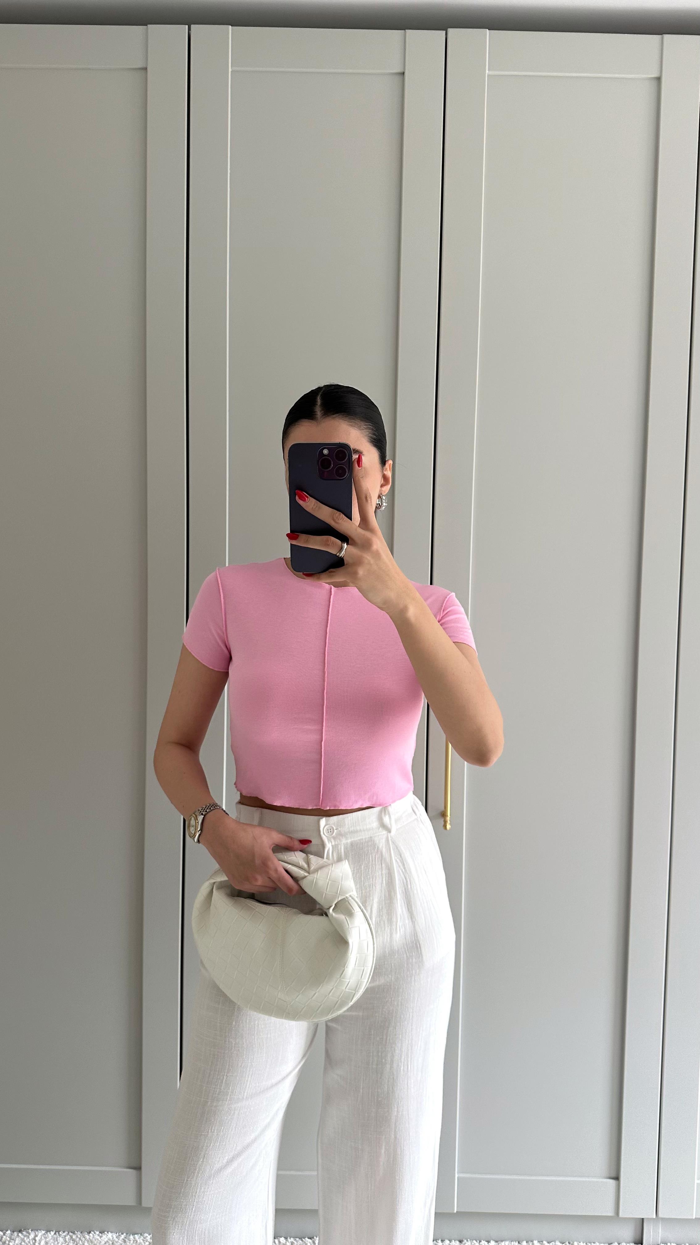 Likralı Dikişli Pembe Crop