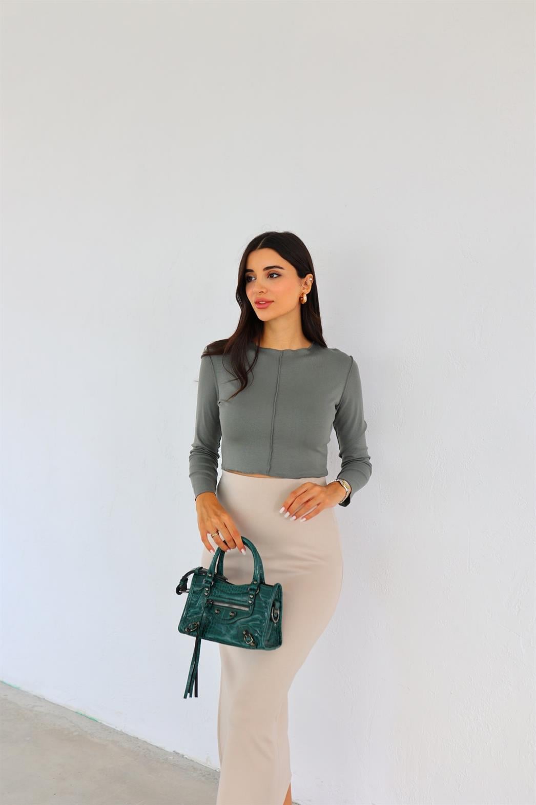 Likralı Gri Crop