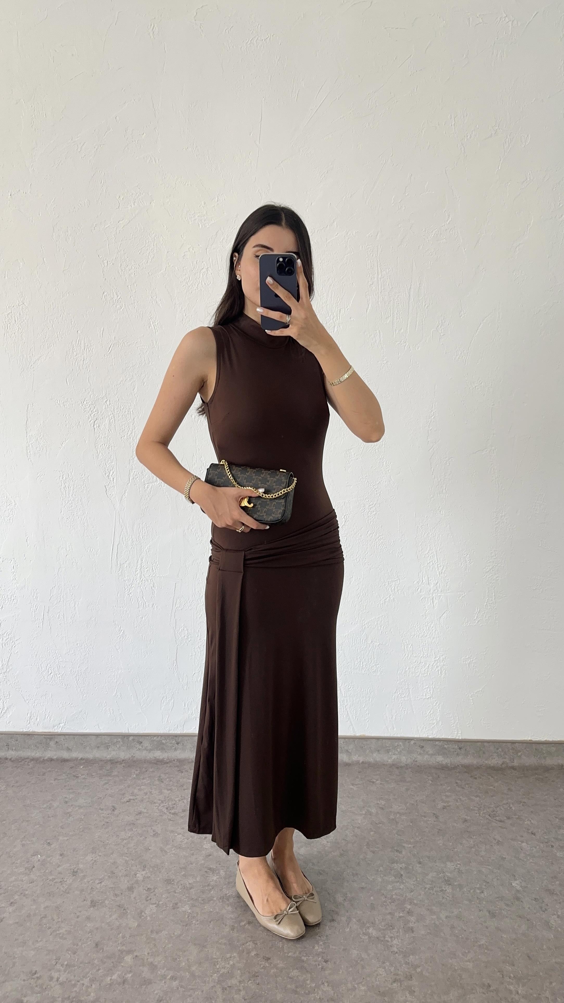 Likralı Modal Kahverengi Uzun Elbise