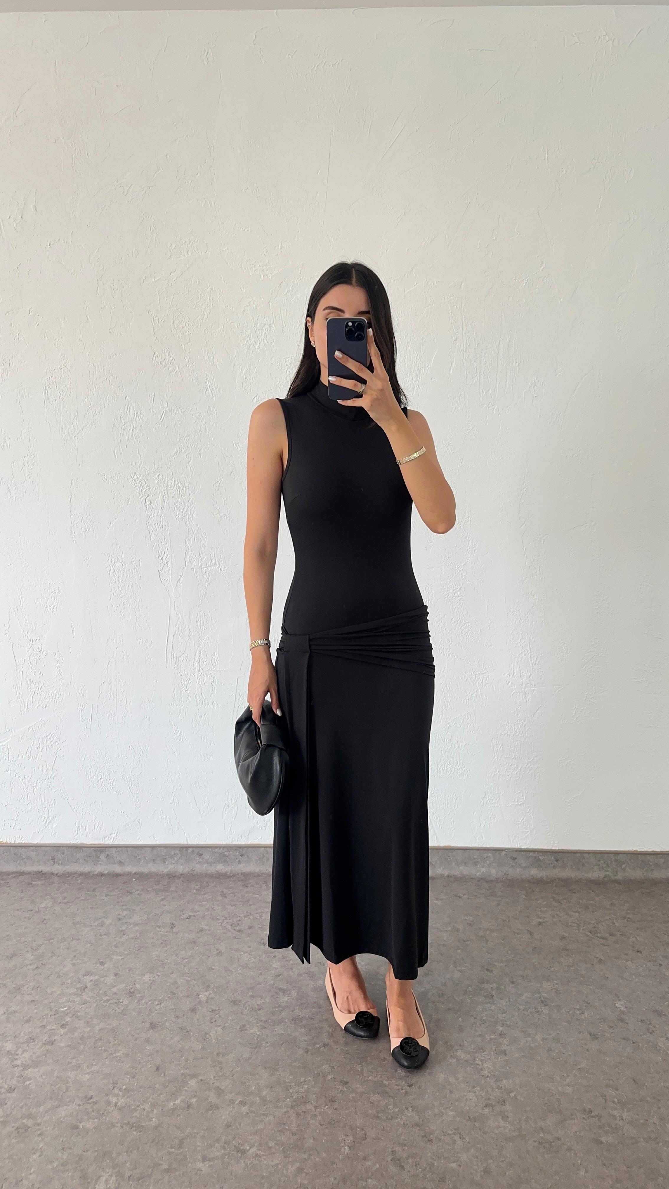 Likralı Modal Siyah Uzun Elbise