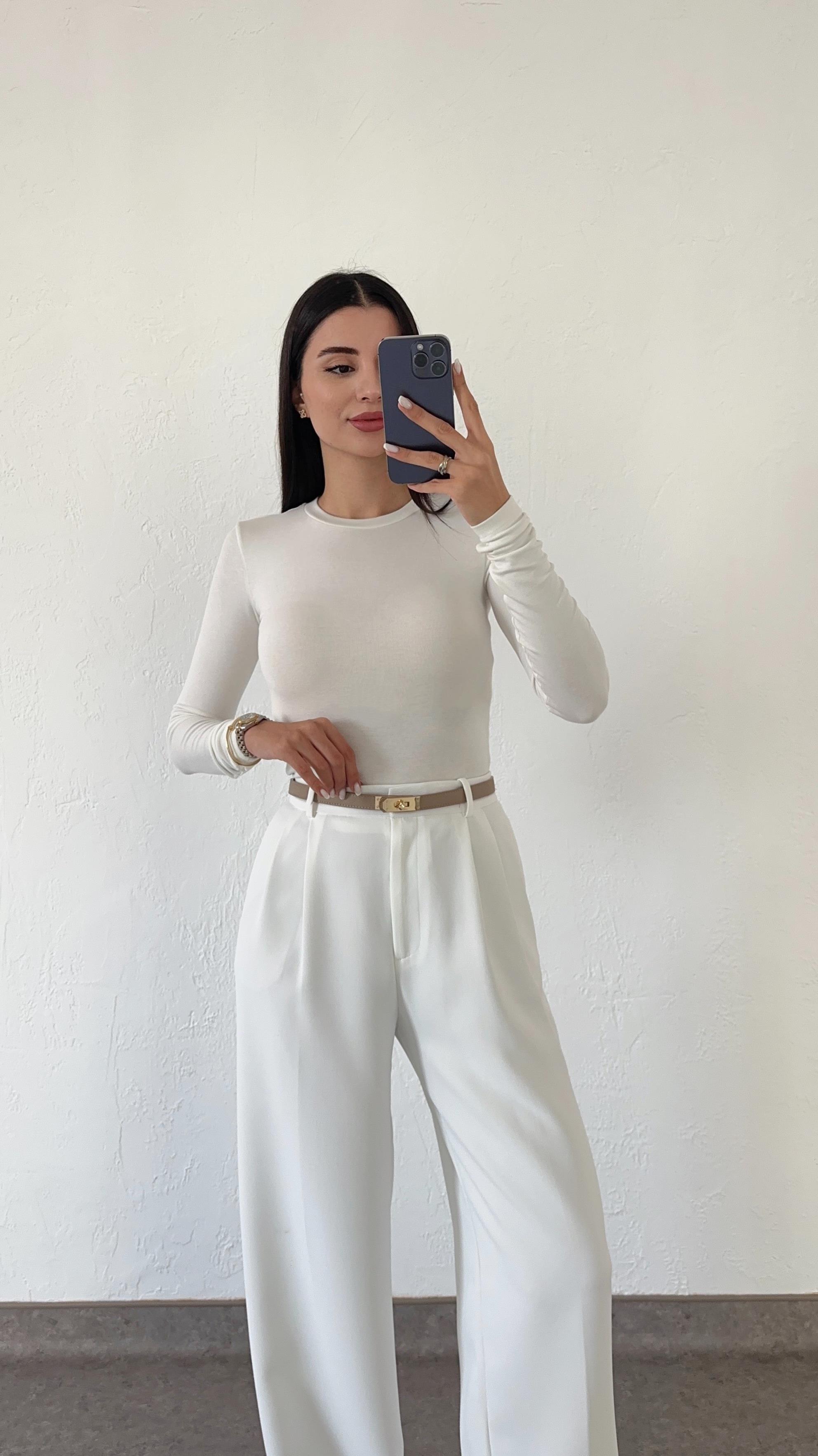 Likralı Soft Touch Beyaz Basic Bluz