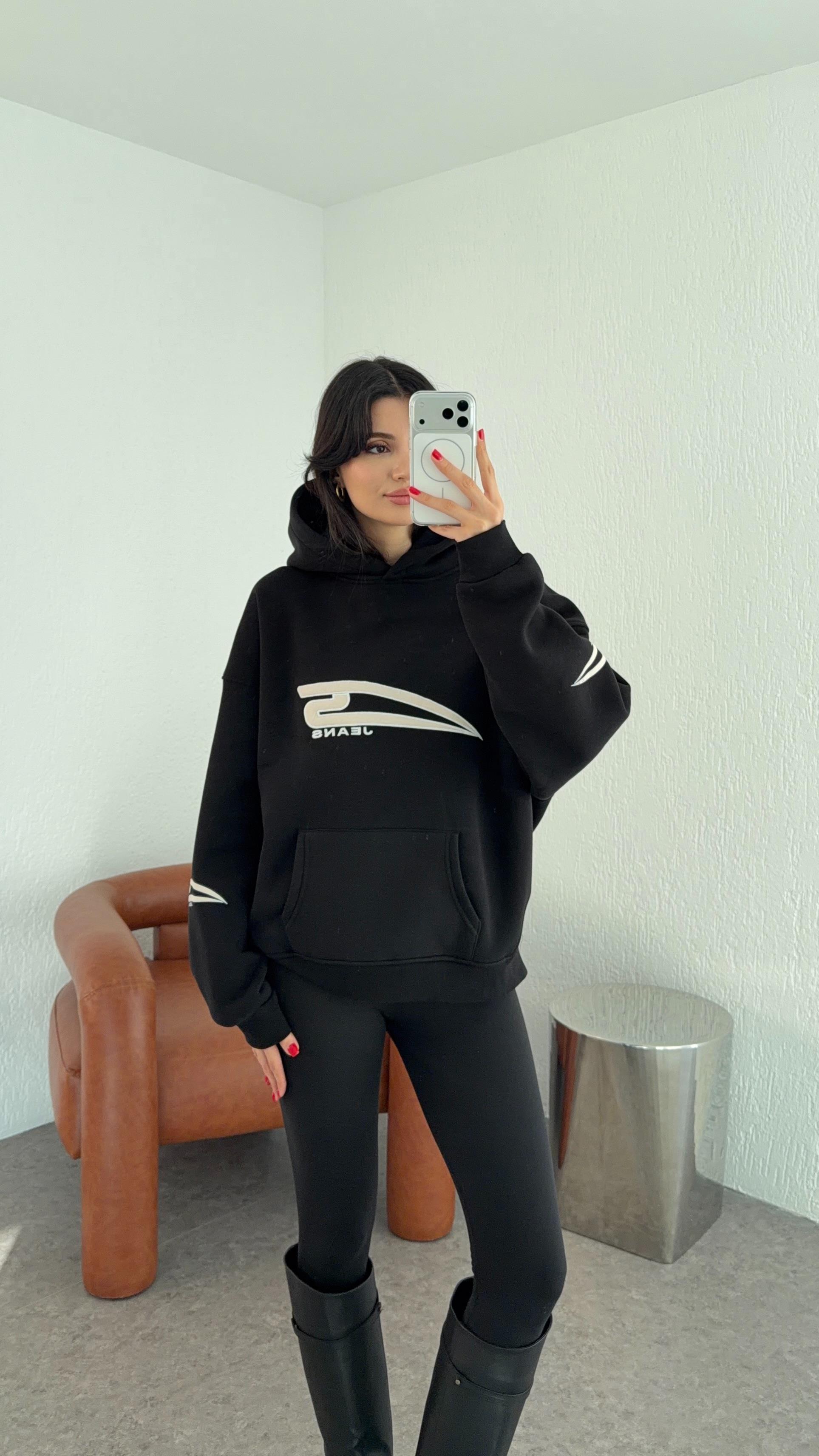 Logolu 3 İplik Siyah Sweatshirt