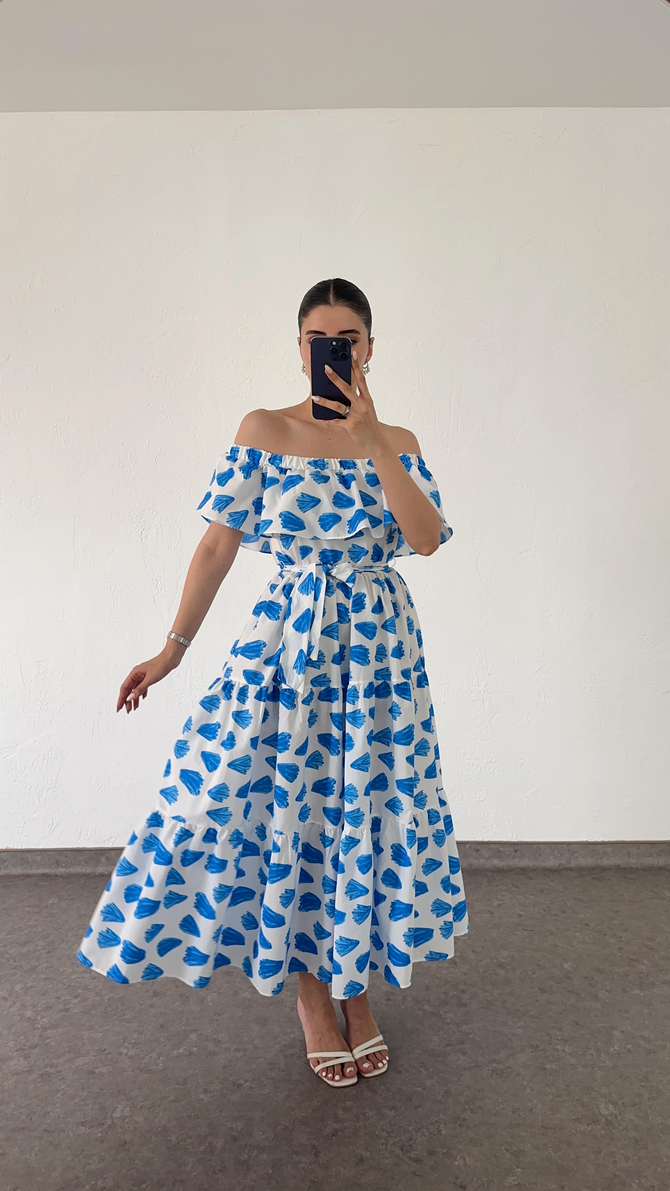 Mavi Desenli Uzun Elbise