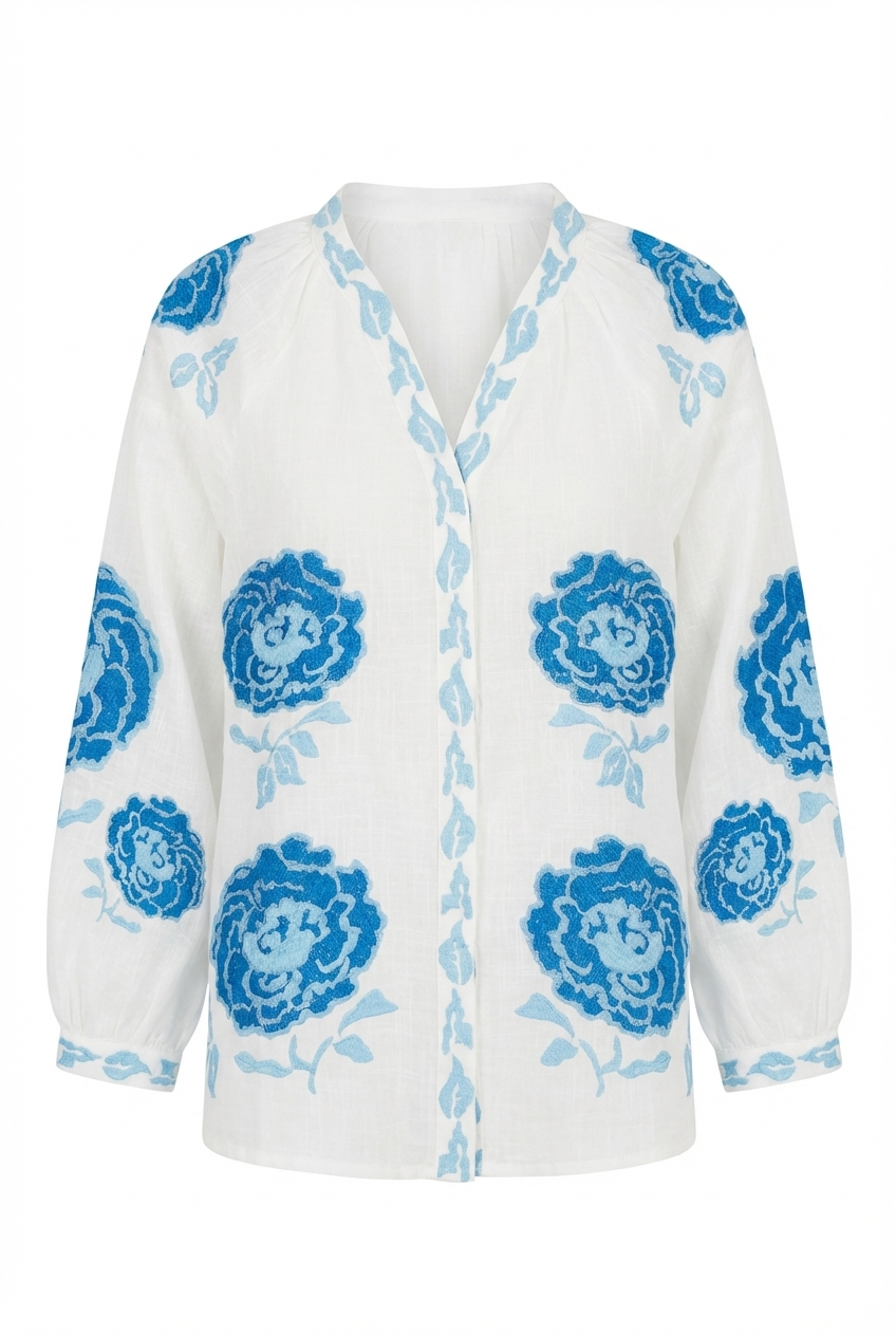 Mavi Nakışlı V Yaka Gömlek