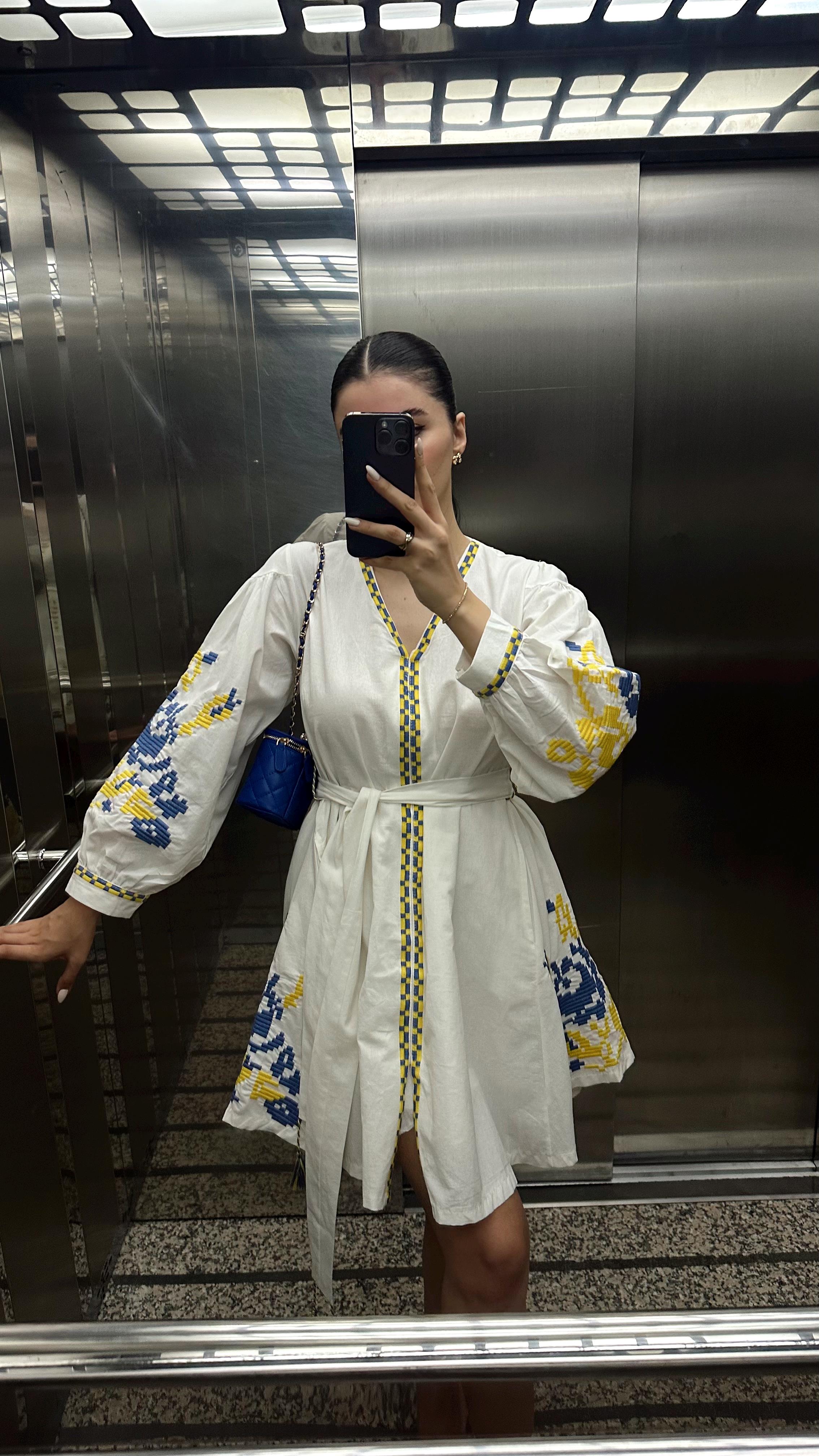 Mavi Sarı Nakışlı Elbise