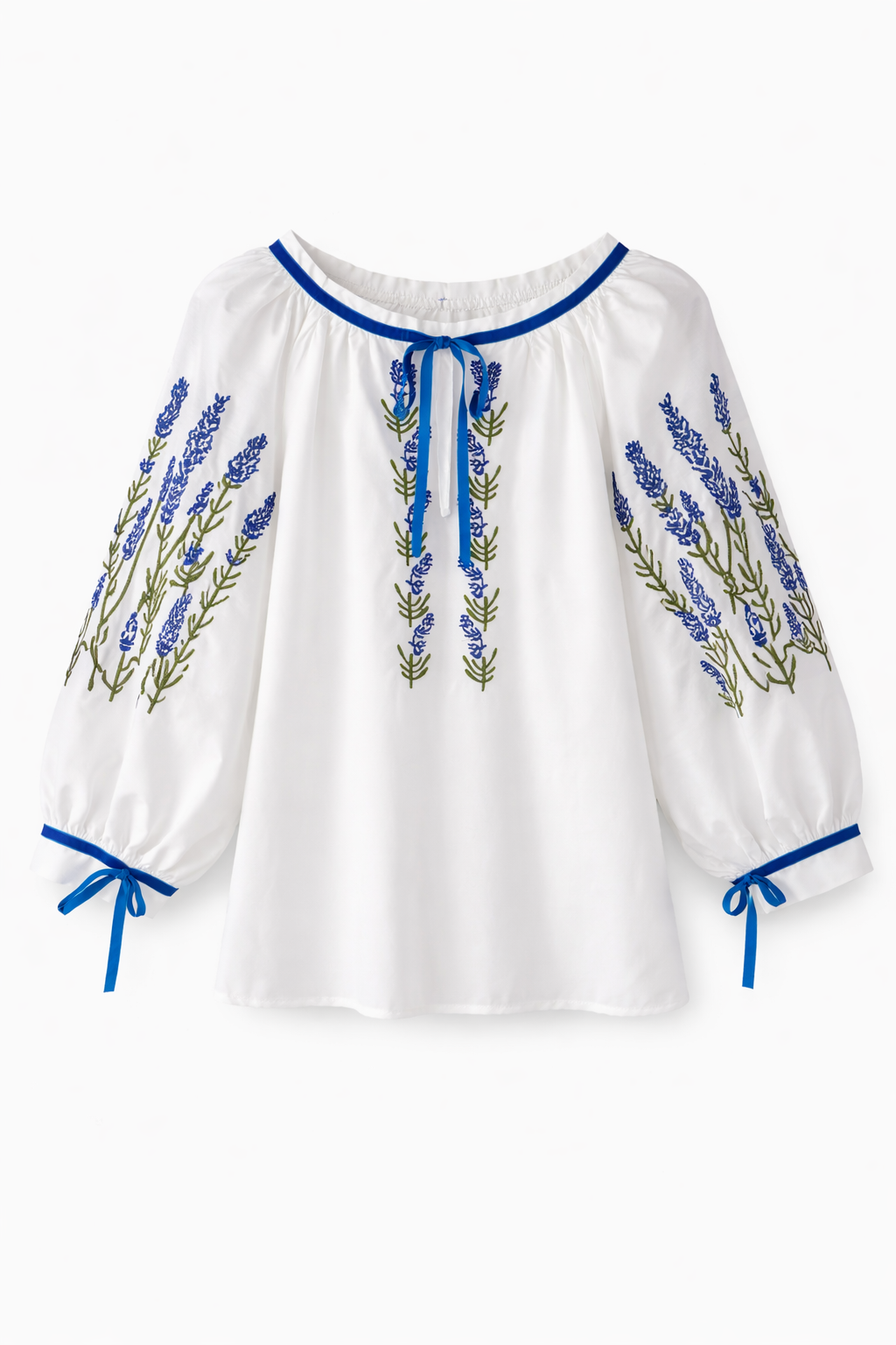 Mavi-Yeşil Nakışlı Beyaz Bluz