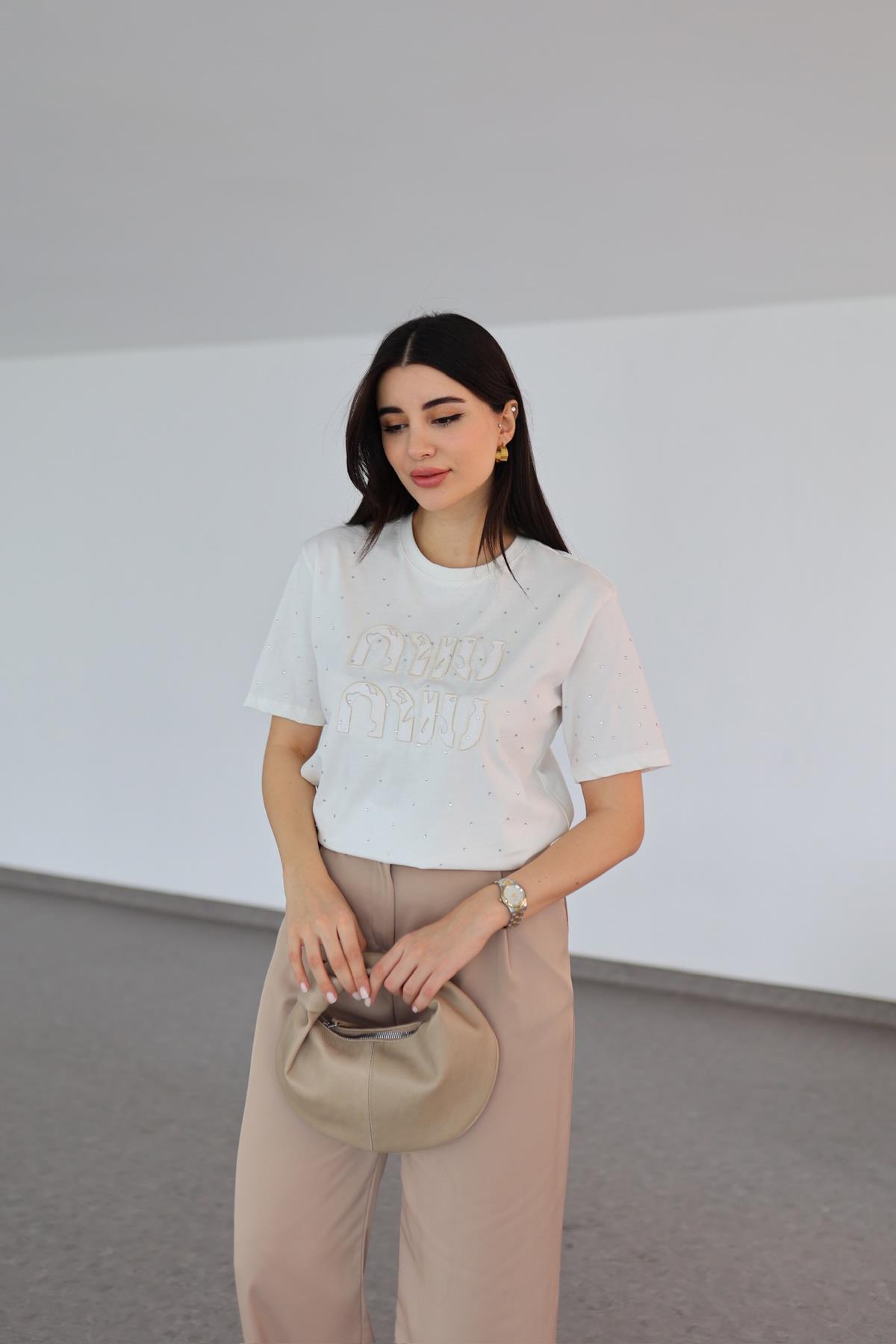 Miu Taşlı Premium Krem Tshirt
