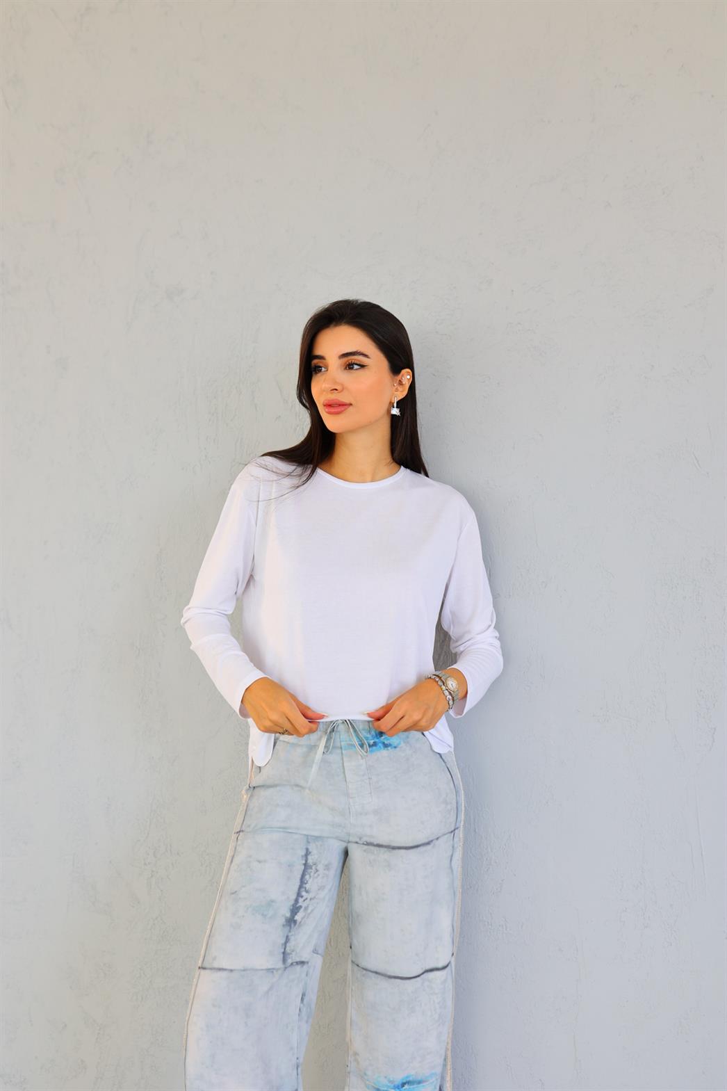Modal Beyaz Uzun Tshirt
