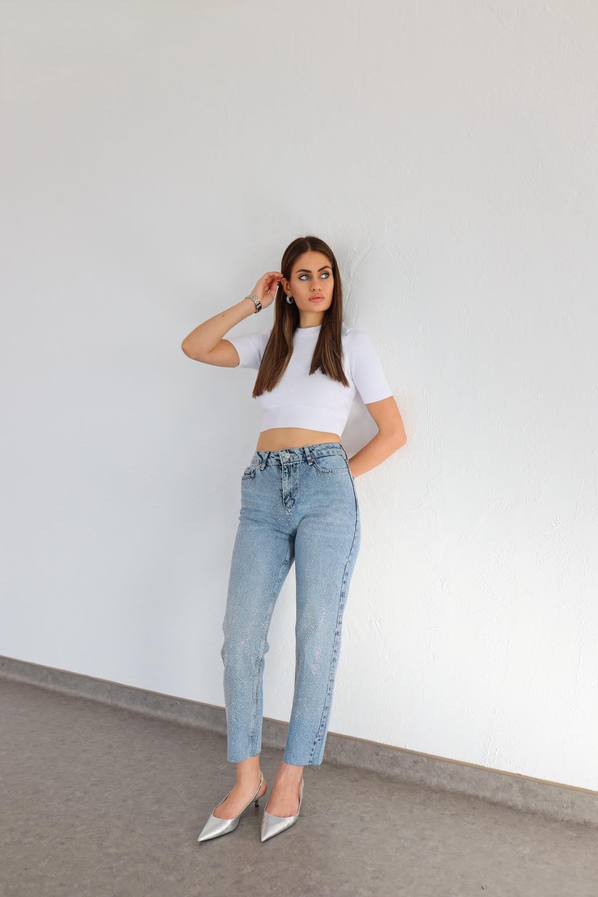 Ombre Taşlı Mavi Jean