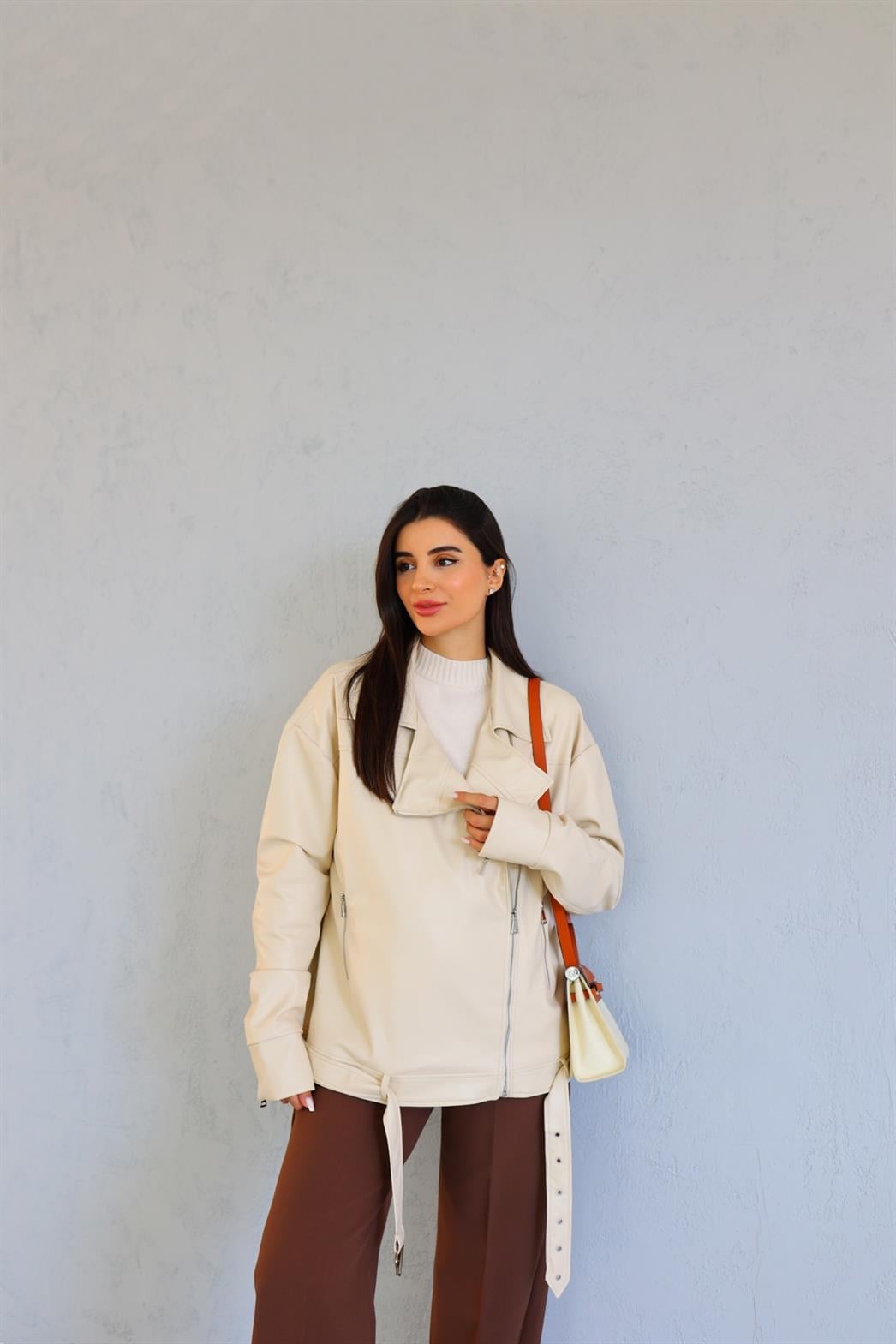 Oversize Krem Deri Ceket