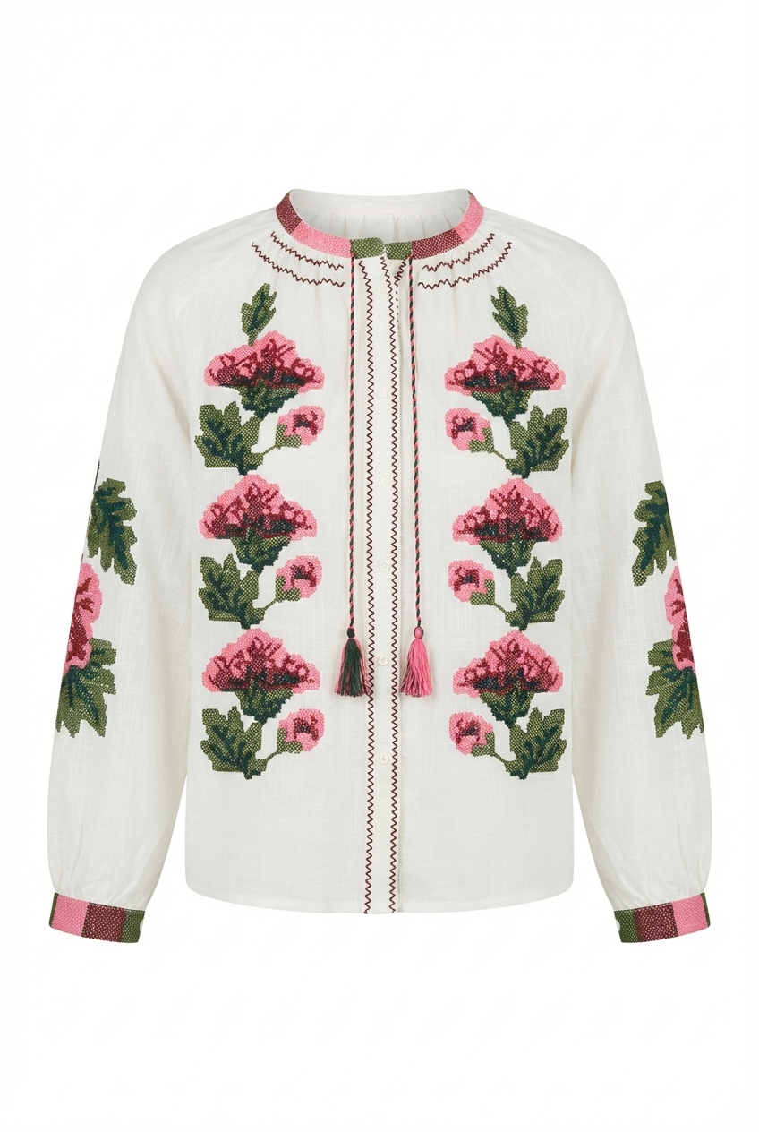 Pembe Çiçek Nakışlı Gömlek