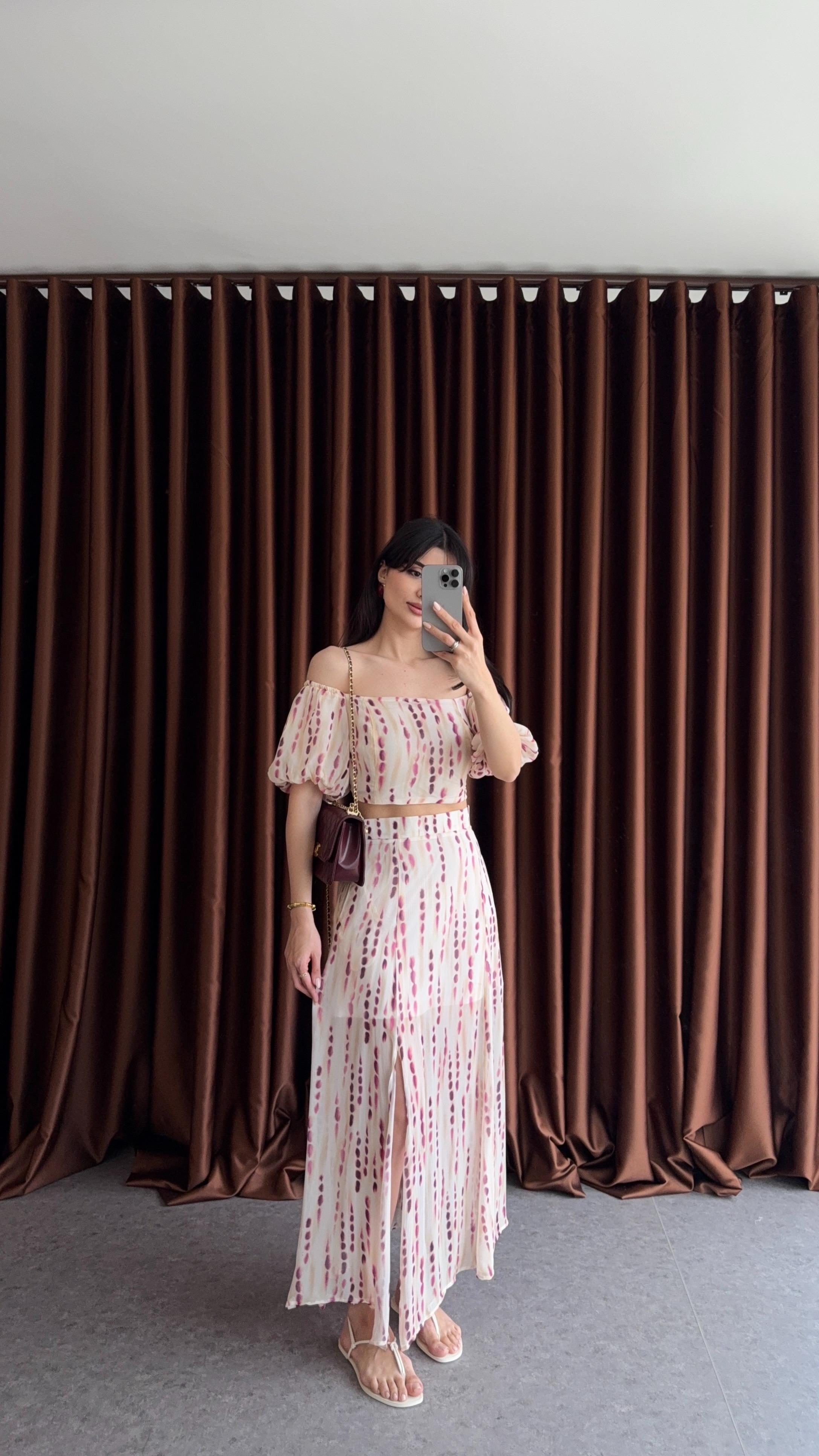 Pembe Desenli Etek-Crop Takım
