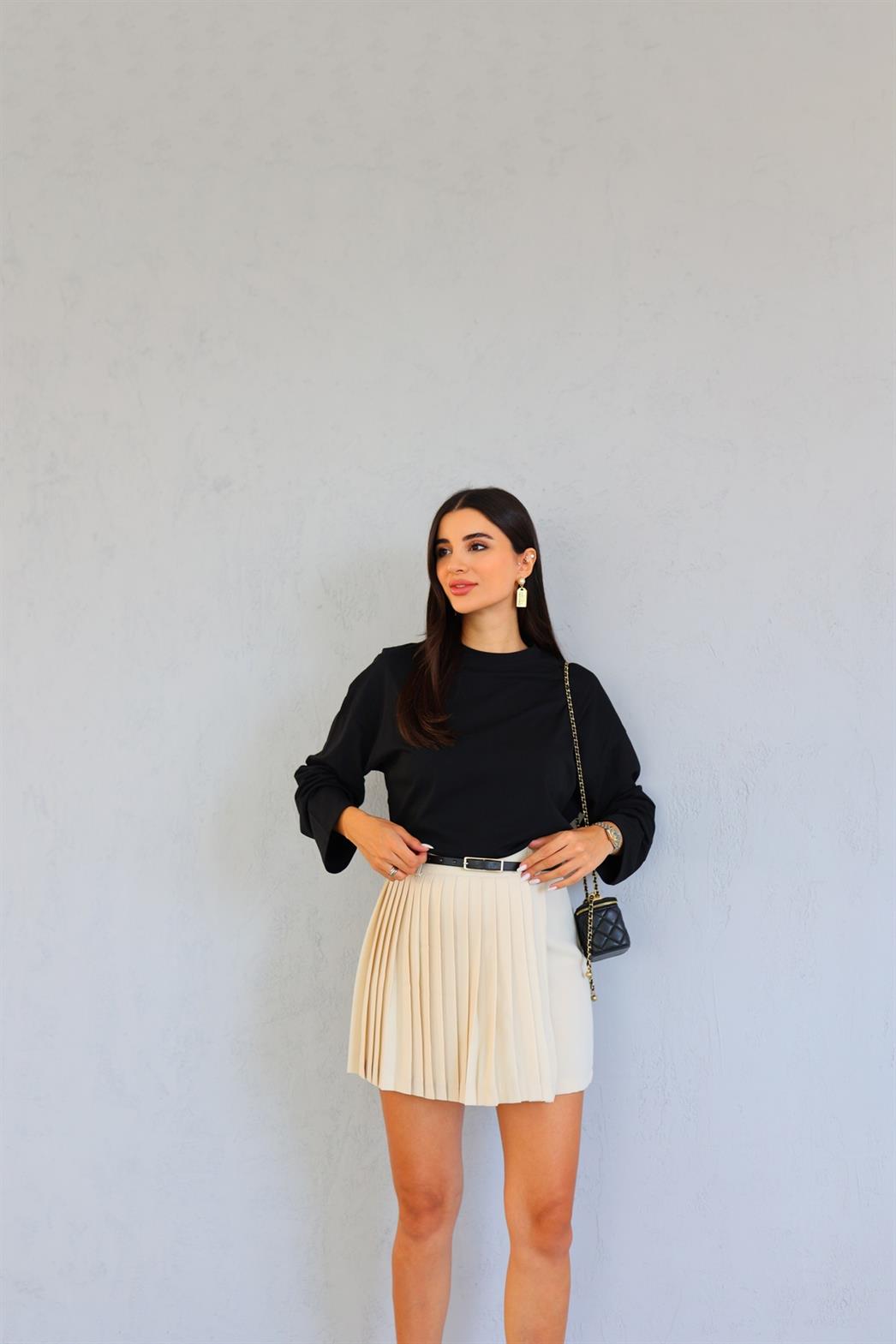 Pileli Premium Krem Şort Etek