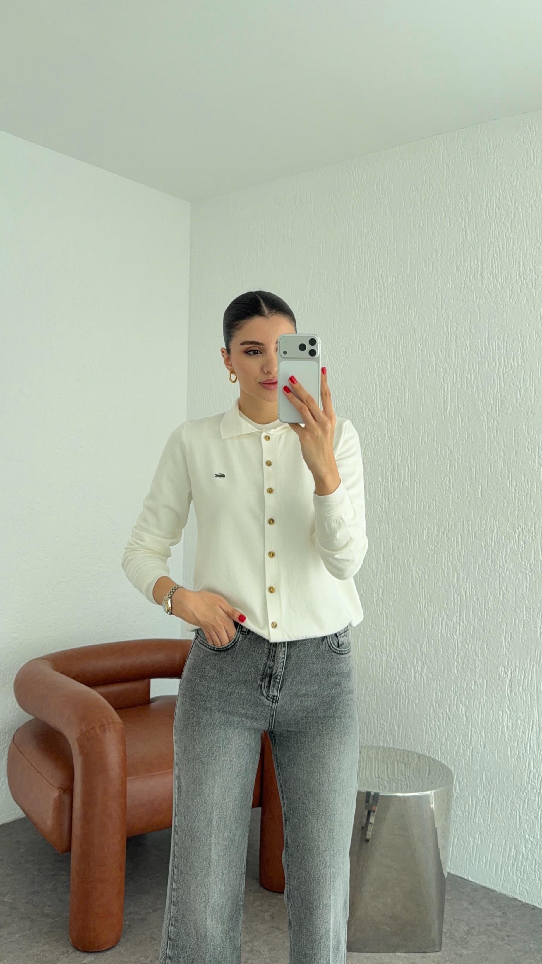 Polo Yaka Ekru Hırka