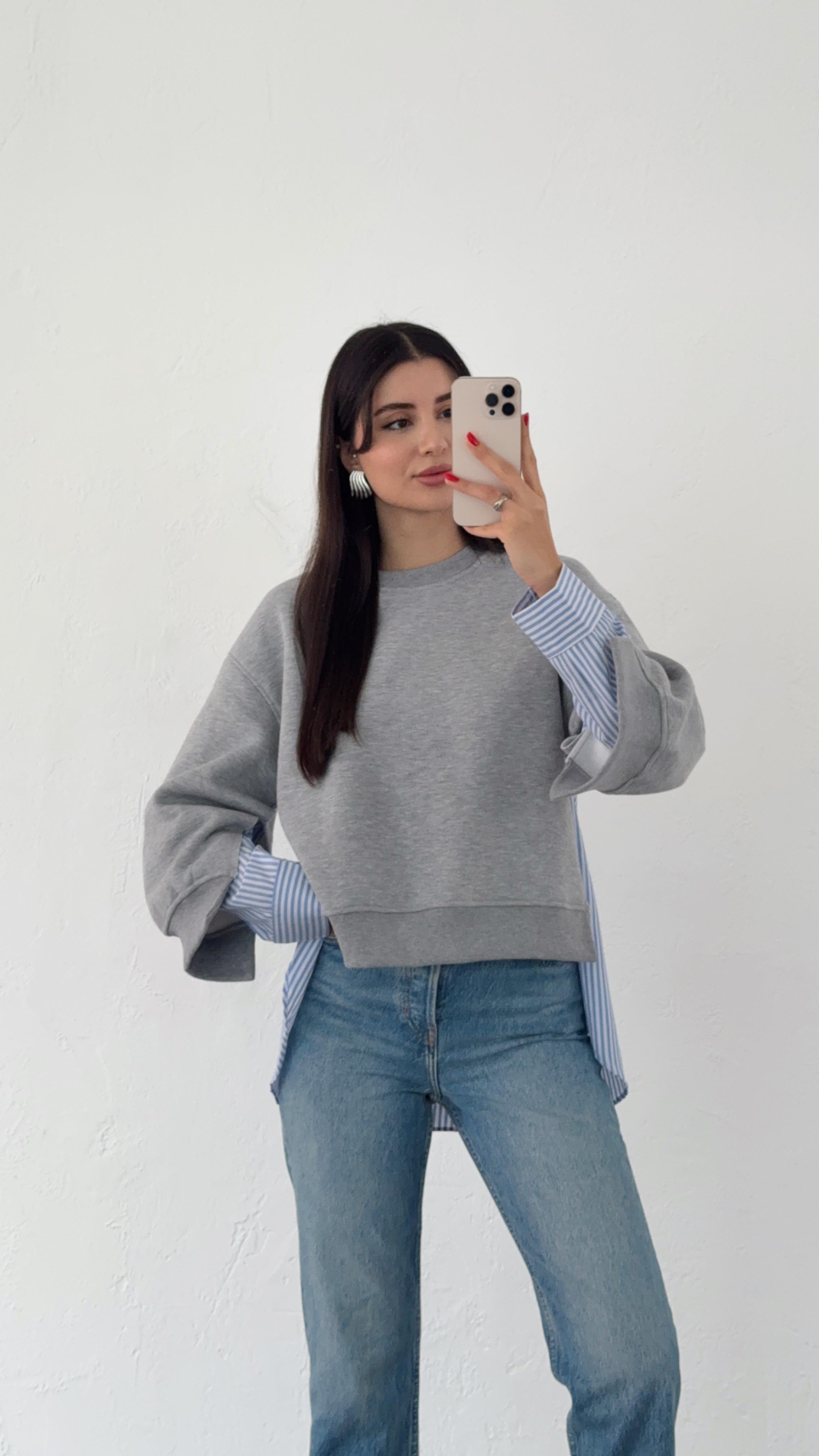 Poplin Detaylı Gri Sweat