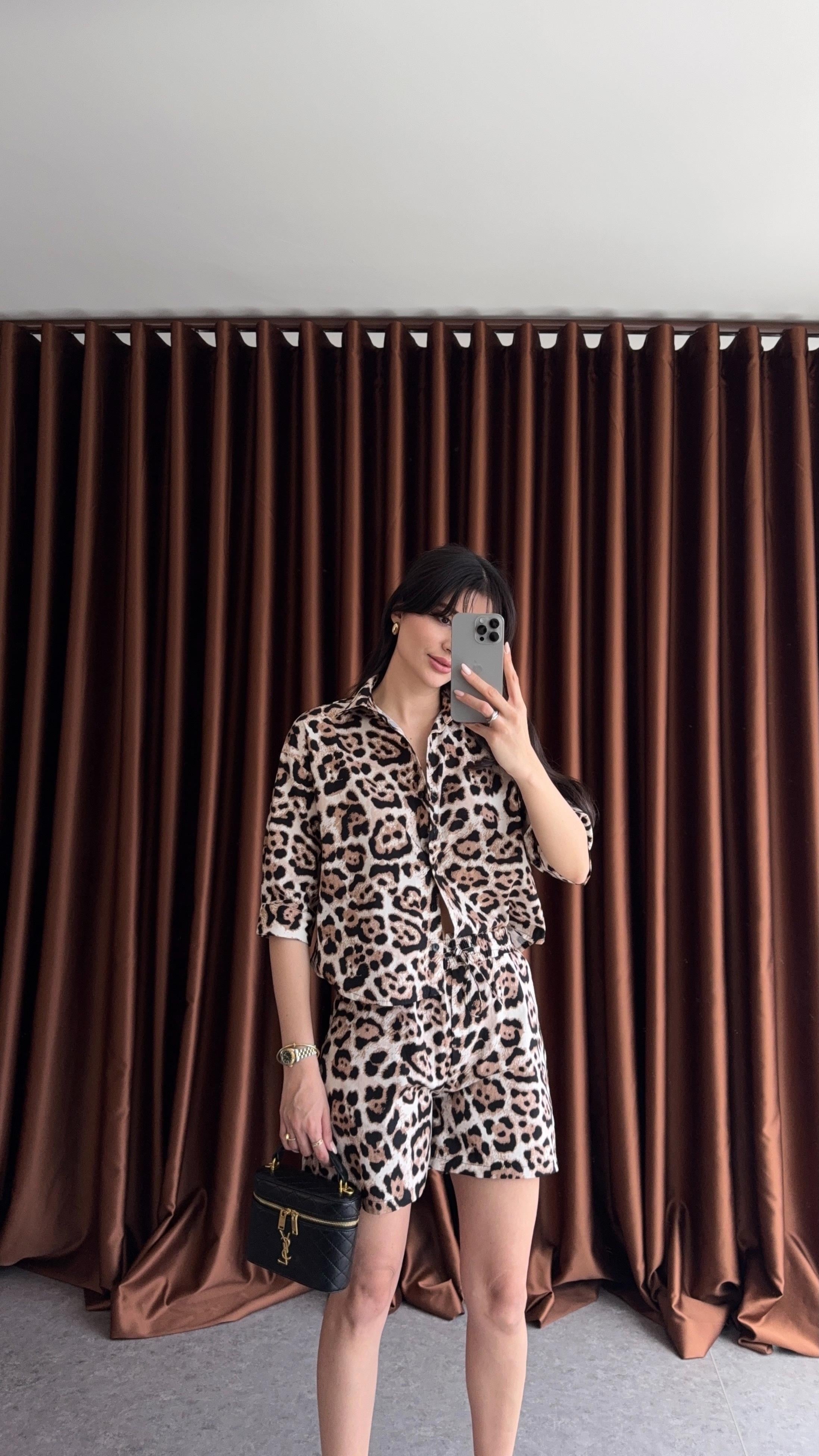 Poplin Leopar Şort-Gömlek Takım