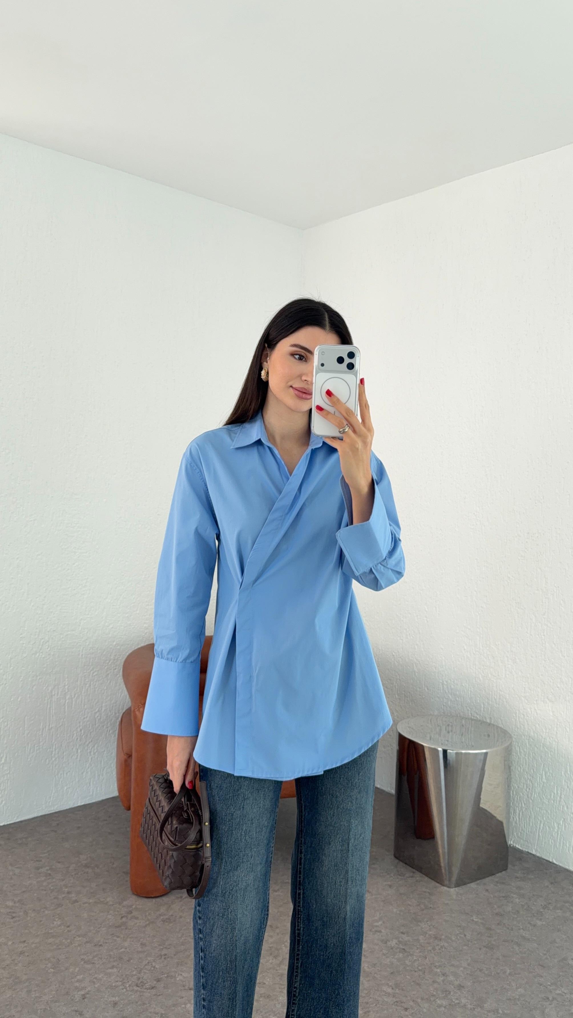 Poplin Mavi Kruvaze Gömlek