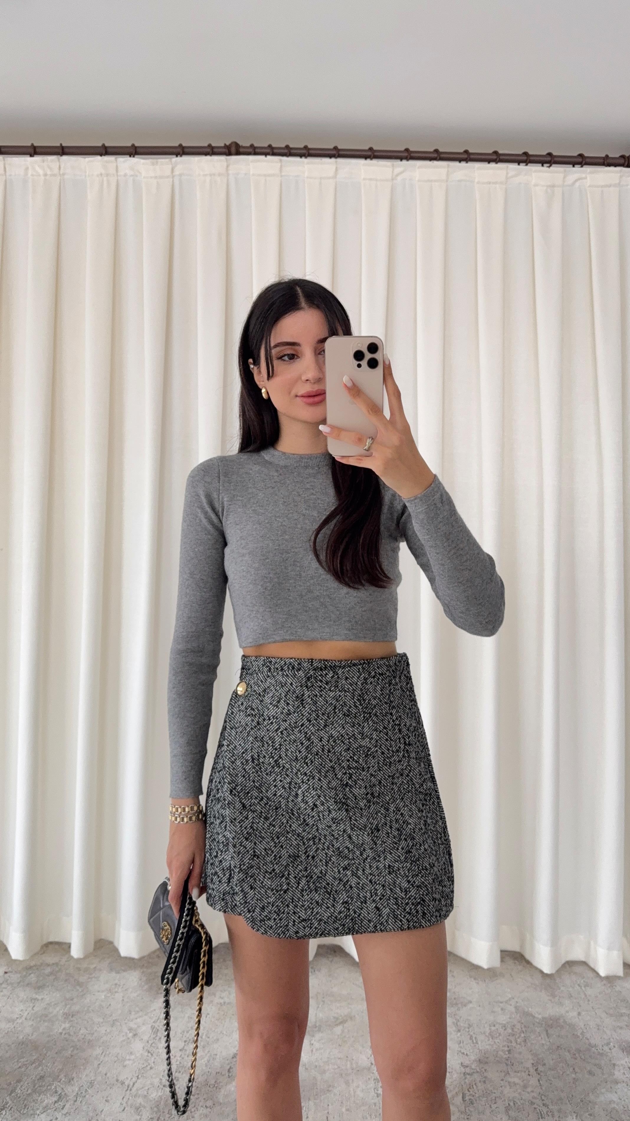 Premium Likralı Gri Crop Triko
