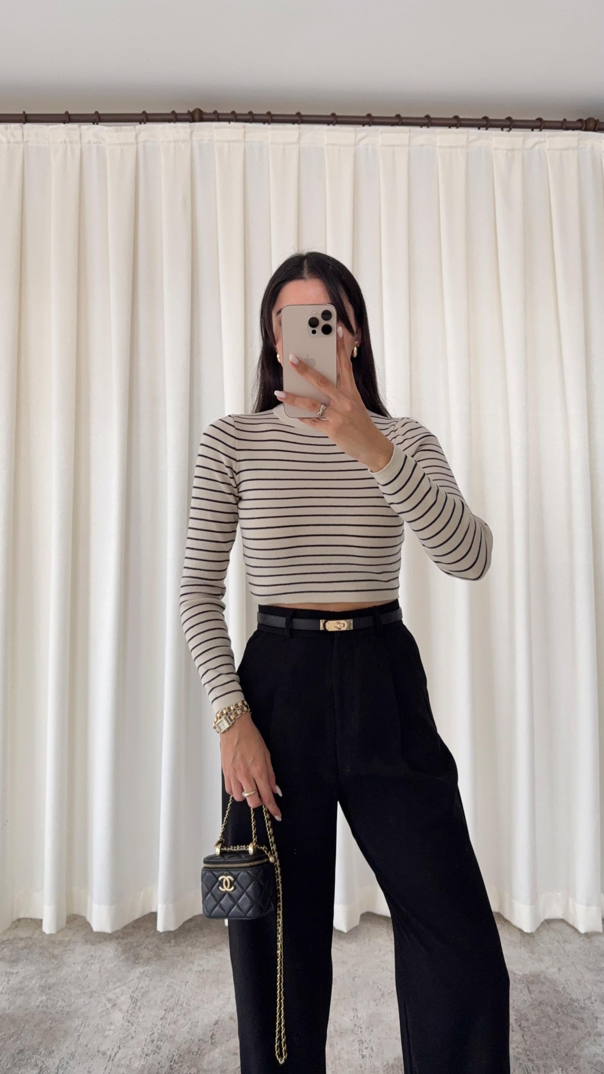 Premium Likralı Siyah Çizgili Crop Triko