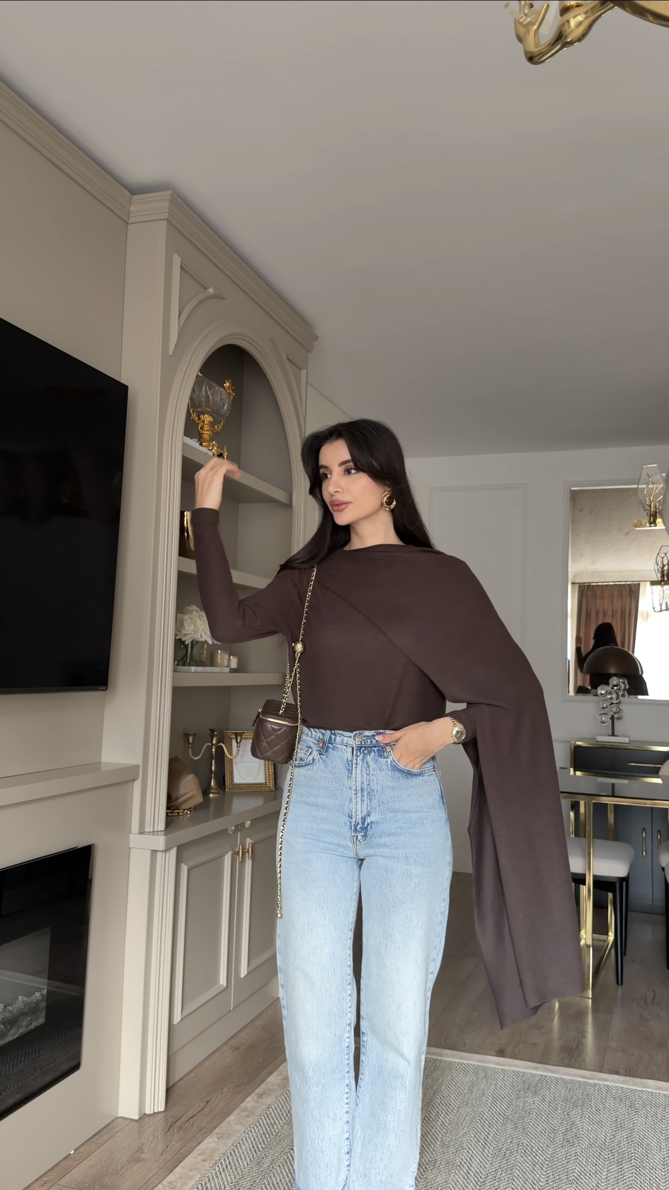 Premium Pelerinli Parçalı Kahverengi Triko Bluz