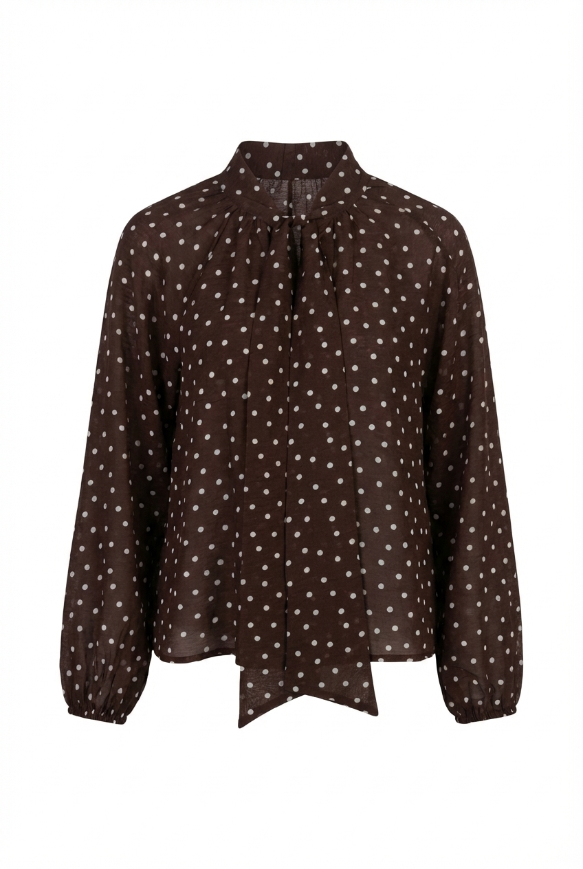 Puantiyeli Fularlı Kahve Gömlek