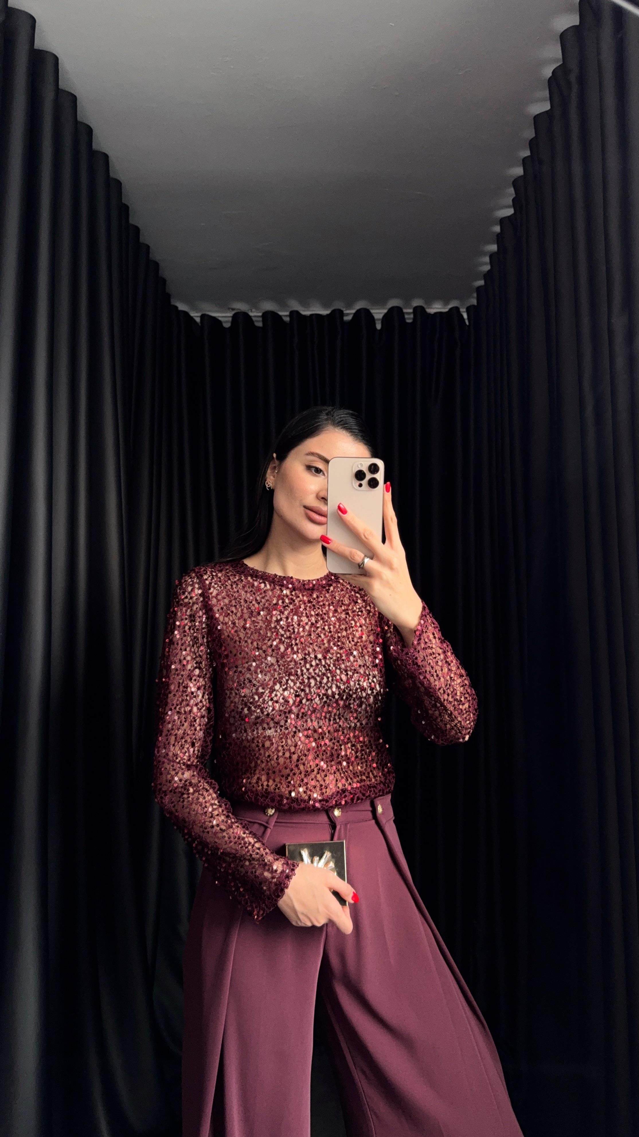 Pullu Transparan Bordo Bluz