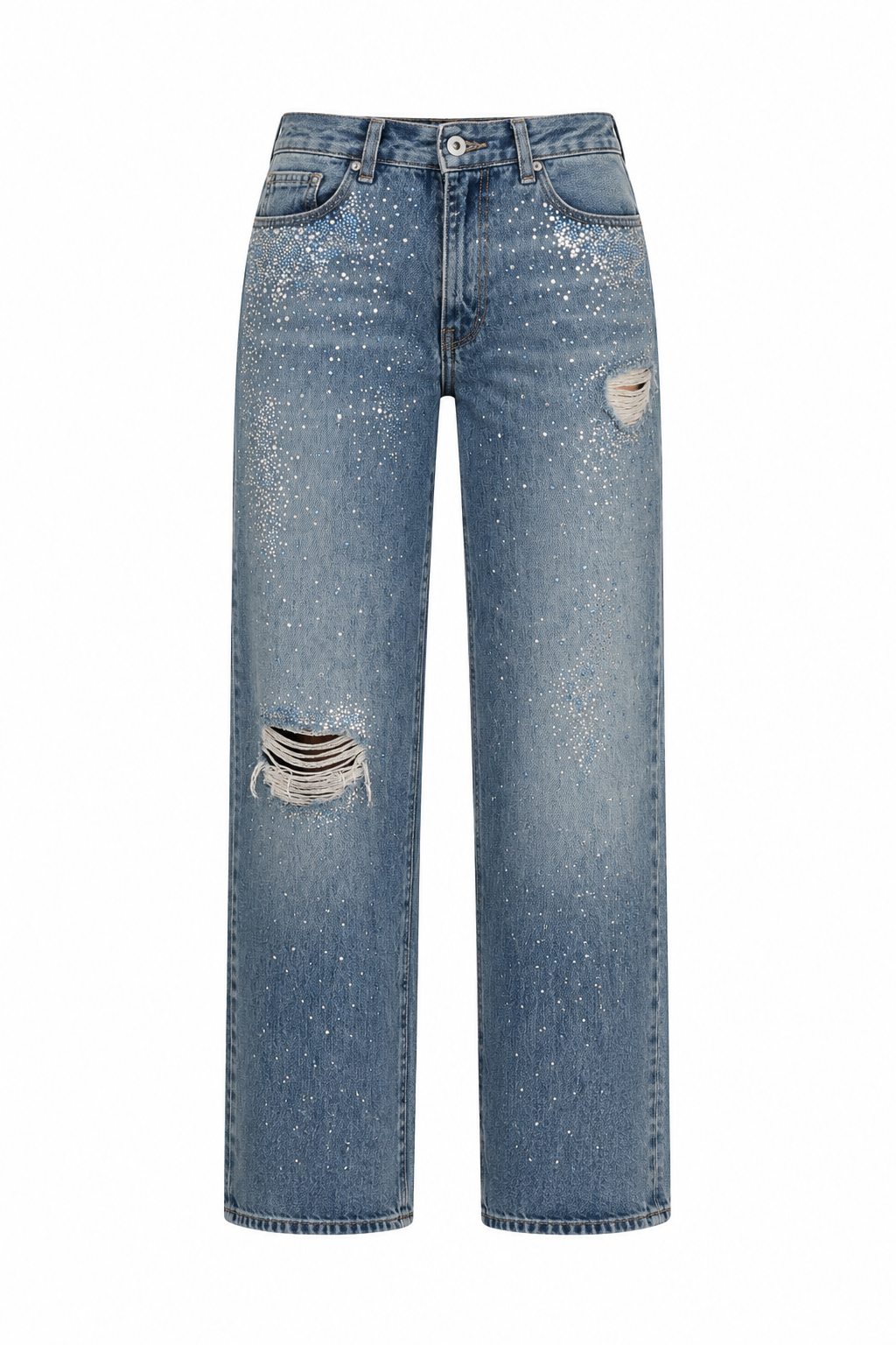 Renkli Taşlı Yırtıklı Mavi Jean