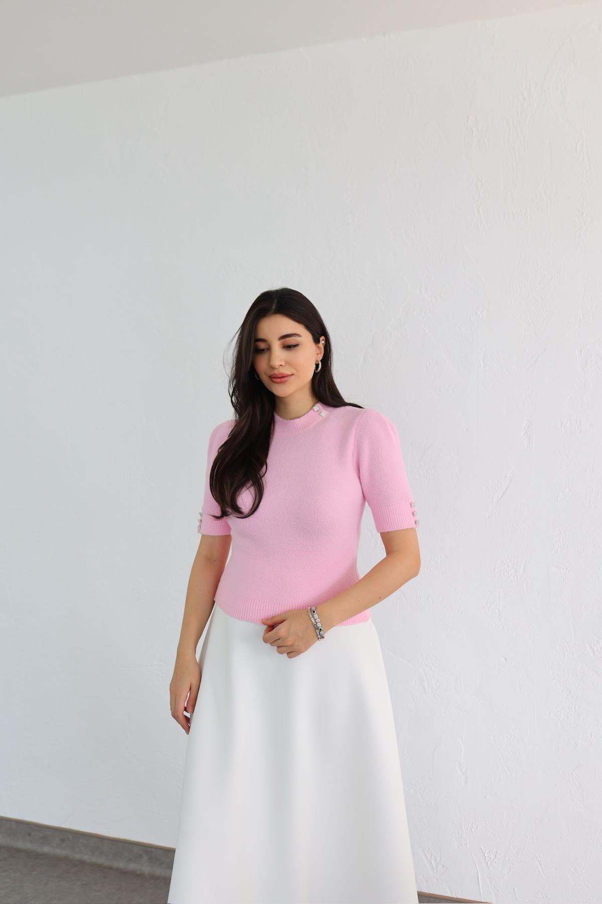 Sakallı Taşlı Pembe Triko