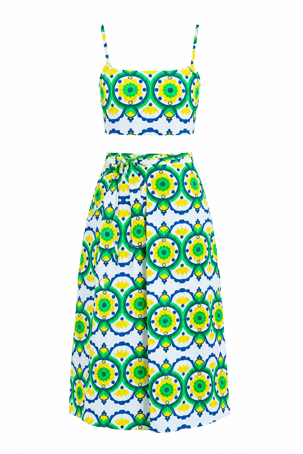 Sarı Desenli Crop-Etek Takım