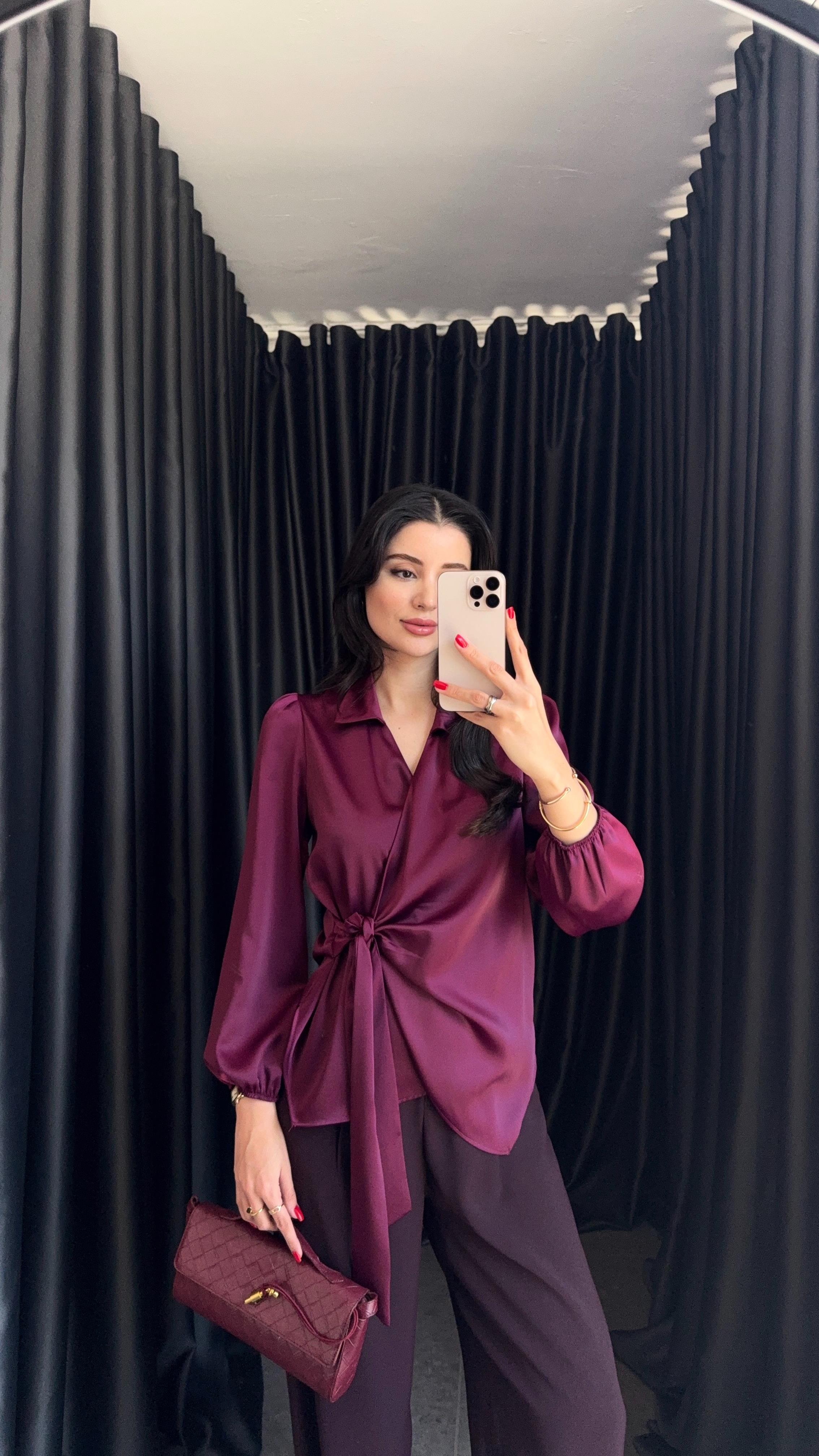 Saten Bağlamalı Mürdüm Bluz