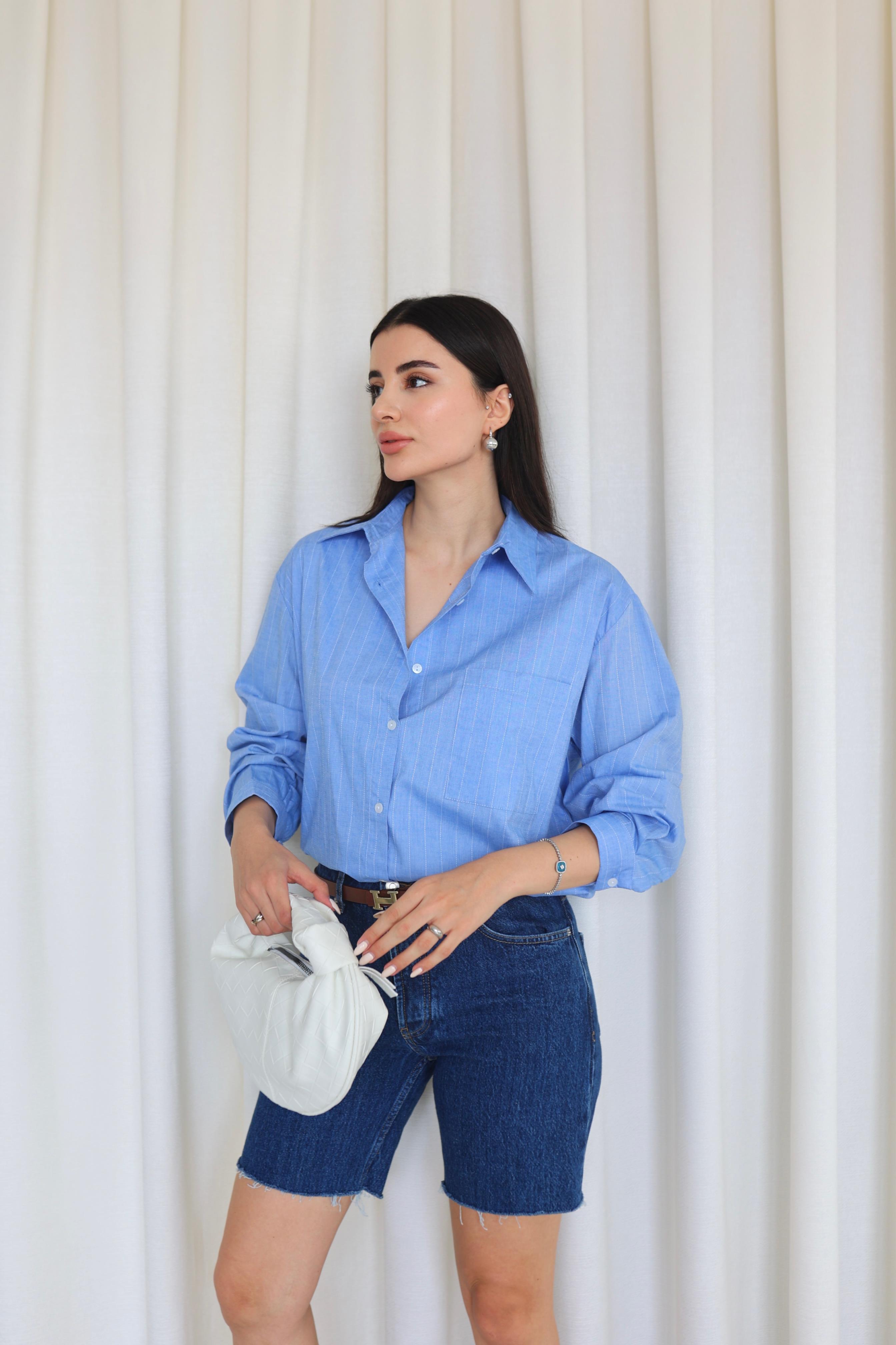 Seyrek Çizgili Mavi Oversize Gömlek